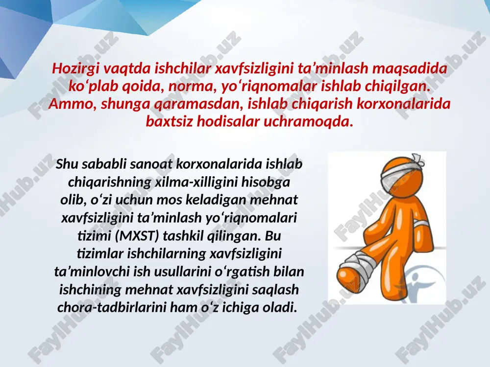 lim bilan tugagan bo‘lsa, u holda maxsus komissiya tomonidan tekshiriladi. komissiya tarkibiga kasaba uyushmasi texnik nazoratchisi, yuqori tashkilotning vakili, davlat nazorat organlari xodimlari va boshqalar kiradi. foydalanilgan adabiyotlar: qudratov, t.g’aniev, o’. yuldashev, g’.yo. yormatov, n. xabibullaev, f.d xudoev. «hayot faoliyati xavfsizligi» maruzalar kursi. toshkent 2005 y yuldashev o.r., sapaev sh.m., va boshqalar «hayot faoliyati xavfsizligi» fanidan amaly mashg’ulotlar. o’quv qo’llanma. toshkent 2010 y т.в. гитун, а.г елисеев и др. «экстремальная медицина» полный справочник. москва 2006 г. о.р юлдашев, о.т хасанова и др. «аварийно-спасательные раьоты» учебное пособие. ташкент 2008 г. image2.jpg image3.png image4.jpeg image5.jpeg image6.gif image7.jpeg image8.jpeg image9.jpeg image10.jpeg image11.jpeg image12.jpeg image13.jpeg image14.jpeg image1.jpg