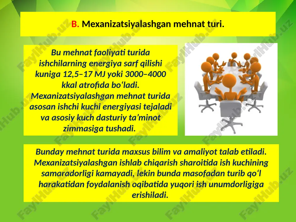 qilmasligi natijasida asabiy hayajonning oshishiga olib keladi. insonning mehnat qilish jarayonida energiya sarflanishi, bajaraladigan ishning og‘ir-yengiligiga, ya’ni muskul energiyasining sarflashiga, ishning oddiy yoki murakkabligiga, emotsional zo‘riqish darajasi va ishlab chiqarish muhitining gigiyenik normalariga (havo harorati nisbiy namligi va havo harakati tezligi) bog‘liq bo‘ladi. foydalanilgan adabiyotlar: qudratov, t.g’aniev, o’. yuldashev, g’.yo. yormatov, n. xabibullaev, f.d xudoev. «hayot faoliyati xavfsizligi» maruzalar kursi. toshkent 2005 y yuldashev o.r., sapaev sh.m., va boshqalar «hayot faoliyati xavfsizligi» fanidan amaly mashg’ulotlar. o’quv qo’llanma. toshkent 2010 y т.в. гитун, а.г елисеев и др. «экстремальная медицина» полный справочник. москва 2006 г. о.р юлдашев, о.т хасанова и др. «аварийно-спасательные раьоты» учебное пособие. ташкент 2008 г. image2.jpg image3.jpeg image4.png image5.jpeg image6.jpeg image7.jpeg image8.jpeg image9.jpeg image10.jpeg image11.jpeg image12.gif image13.jpeg image14.jpeg image15.jpeg image16.jpeg image1.jpg