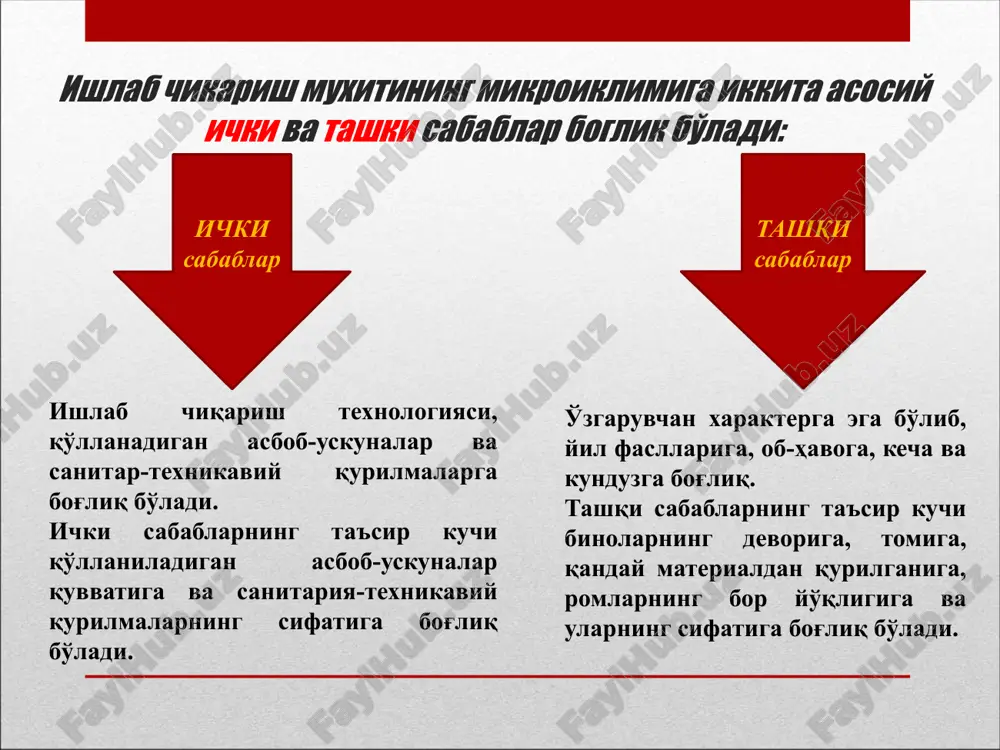 овуш деб аталади. 20000 гц дан юқори бўлган тебранишларни эса ультратовуш дейилади. ультратовушларни биз эшита олмаймиз, уларни фақат баъзи бир уй хайвонларигина эшита олади. қаттиқ қисмларнинг тебранишига ва шу тебранишларни жисмларнинг ўзлари ёки бошқа қаттиқ жисмлар орқали узатилишига силкиниш дейилади. силкинишни биз чайқалишдек қабул қиламиз ва уларни тебраниш частотаси 1 гц дан 100 гц гача бўлади. нормал эшитишда товуш тебранишларининг 20 дан-20000 гц гача частотаси қабул қилинади. бунда энг юқори чегара фақат болалар ёшига хосдир. улар балоғатга етган сари эшитиш органлари томонидан қабул қилинадиган товушларнинг частотаси камая боради ва ёш ўтиб қолганида 15000 гц дан ошмайди. саноат корхоналарини ёритиш ёруғлик инсон фаолияти давомида жуда муҳим рол ўйнайди. кўриш инсон учун асосий маълумот манбаи ҳисобланади. умумий олинадиган маълумотнинг тахминан 90% кўз орқали олинади. саноат корхоналарини рационал ёритиш сифатли маҳсулот ишлаб чиқариш шароитини яхшилайди, ишчиларни чарчашдан сақлайди ва иш унумдорлигини оширади. оқилона ёритилган зоналарда ишлаётган ишчиларнинг кайфияти яхши бўлади; шунингдек хавфсиз меҳнат …
