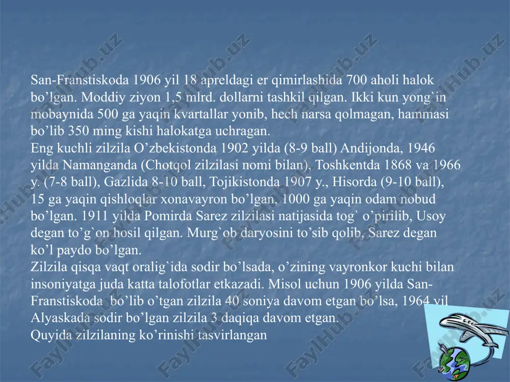 iq shikastlanadi, poydevorlaridan siljib, qiyshayib qolishi mumkin. oddiy imoratlar butunlay vayron bo’ladi, er yuzasida yoriqlar paydo bo’ladi, er osti suvlari sizib chiqishi mumkin. 10 ball - yakson qiluvchi. hamma imoratlar katta shikast ko’radi. temir yo’l relslari to’lqinsimon shaklga kirib, bir tomonga qarab egilib qoladi, er osti kommunal quvurlari uzilib ketadi, cho’kish hodisalari yuz beradi, suv havzalari to’lqinlanib qirg`oqqa uriladi, qoyali yon bag`irlarda katta-katga surilish hodisalari sodir bo’ladi. 11 ball - fojiali. hamma imoratlar deyarlik vayron bo’ladi, to’g`on va dambalar yorilib ketadi, temir yo’llar butunlay ishdan chiqadi, erning ustki qismida katta-katta yoriqlar paydo bo’ladi, er ostidan loyqa balchiqlar ko’tarilib chiqadi, surilish, qulash hodisalari nihoyasiga etadi. 12 ball - kuchli fojiali. erning ustki qismida katta o’zgarishlar yuz beradi. inson barpo etgan hamma imoratlar butunlay vayron bo’ladi, daryolarning o’zani o’zgarib sharsharalar paydo bo’ladi, tabiiy to’g`onlar vujudga keladi. zilzila vaqtida aholi harakati. zilzilagacha: (sumka yoki ryukzaklar bilan) shaxsingizni tasdiqlovchi hujjat; xonadoningizda batareyali radiopriyomnik, cho’ntak …