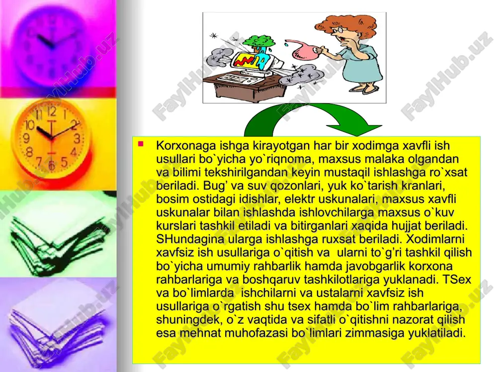 hilash va sog’lomlashtirish uchun ajratilgan mablag’ning to`g’ri sarflanishini nazorat qilib borish; -mehnat muhofazasiga doir jamoa shartnomalari va bitimlarining bajarilishini taminlash; -mehnat va dam olish tartibi, ayollar hamda o`smirlar mehnatini muhofaza qilish haqidagi qonunlarni amalga joriy etish va nazorat qilish; -kasaba uyushmasi texnik nazoratchilari va jamoatchi nazoratchilar hamda mahalliy kasaba uyushmasi qo`mitasi komissiyasining mehnat muhofazasiga doir buyruqlarini bajarish; -ishlar va kasblarning ayrim turlari uchun xavfsizlik yo`llari bo`yicha yo`riqnomalarni tasdiqlash; -ishchi-xizmatchilarni o`z vaqtida amaldagi me`yorlarga muvofiq korjoma, maxsus poyafzal, yakka tartibdagi himoya vositalari va maxsus oziq-ovqatlar bilan taminlash. bosh muhandisning vakolatiga quyidagilar kiradi: -hamma tsexlar va bo`linmalar boshliqlarining xavfsizlik yo`llari hamda ishlab chiqarish sanitariyasiga doir qonun chiqaruvchi me`yorlar va qoidalarni bajarishlarini muntazam ravishda nazorat qilib borish; -amaldagi xavfsizlik qoidalari va ishlab chiqarish sanitariyasi qoidalari hamda mavjud ishlab chiqarish sharoitiga muvofiq, kasblar va ish turlari bo`yicha xavfsiz ishlash yo`llari hamda usullariga doir yo`riqnomalarni ishlab chiqarishga qo`llanishiga rahbarlik qilish; -xavfsiz ishlash usullari, yo`l-yo`riqlarini o`rganish …