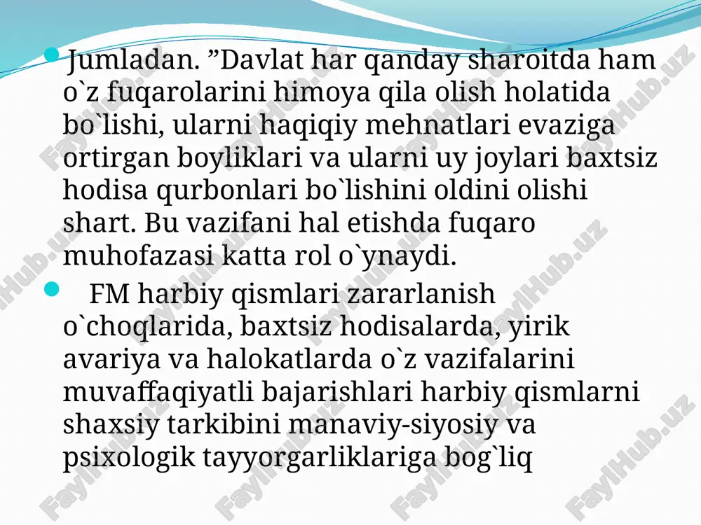 ki mutaxassis yordamida kurasha olishi mumkin, buni har kim o yordamida kurasha olishi mumkin, buni har kim o ’ ’ zi hal qiladi. zi hal qiladi. bu xavfsizlik psixologiyasiga qo bu xavfsizlik psixologiyasiga qo ’ ’ yilgan birinchi qadam bo yilgan birinchi qadam bo ’ ’ ladi. ladi.   ikkinchi qadam ikkinchi qadam – – xavf xavf - - xatar bilan uchrashuvga xatar bilan uchrashuvga tayyorlanishni o tayyorlanishni o ’ ’ rganish. pot rganish. pot е е ntsial xavfni ko ntsial xavfni ko ’ ’ ra ra bilish (avtomobilda k bilish (avtomobilda k е е ta turib, himoya kamarini ta turib, himoya kamarini taqmaslik; mashinalar oqimi aro b taqmaslik; mashinalar oqimi aro b е е katga k katga k е е lib lib to to ’ ’ xtagan avtobus tomon yugurish), uni ch xtagan avtobus tomon yugurish), uni ch е е tlab tlab o o ’ ’ tishni o …
