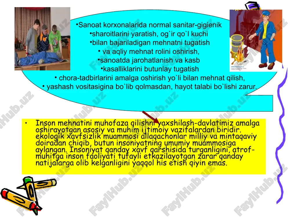 fiziologiyasi va gigienasi". "huquqshunoslik", "iqtisodiyot", "atrof muhitni muhofaza qilish" kabi fanlar bilan bog`langandir. buning ilmiy zamini esa quyidagilardan iboratdir: hayotiy faoliyat xavfsizligi fani oldida turgan vazifalarni muvaffaqiyati hal etish uchun texnika, iqtisodiyot, mehnat gigienasi, fiziologiyasi va psihologiyasi, mehnatni ilmiy tashkil etish, sanoat estetikasi va boshqa sohalardagi mutaxassislarning birgalikda hamda kelishgan holda ishlashlari talab elilgan. mehnatni ilmiy tashkil etish ishlab chiqarishga muntazam ravishda joriy etiladigan fan yutuqlariga hamda ilg`or tajribaga asoslanadi. mehnat va moddiy boyliklardan keng, samarali tarzda foydalanishni ta`minlaydi, inson sog`lig`ini saqlashga yordam beradi va mehnatni hayotiy extiyojga aylantiradi. hayotiy faoliyat xavfsizligi fanining ahamiyati va uning tarkibi. hfx fanining diqqat markaziga qo`yilgan maqsad bu insonning jamiyat taraqqiyotidagi roli. mehnat muhofazasi insonni ishlab chiqarishdagi ahvoli, u bilan bog`liq masalalarni o`rganishni o`z oldiga maqsad qilib qo`yadi. hozirgi vaqtda inson - tabiiy, texnik, iqtisodiy va boshqa har xil xavf-xatar dunyosida ishlaydi. shu xavf - xatarlar natijasida juda ko`p insonlar hayotdan ko`z yumadilar (armanistondagi …