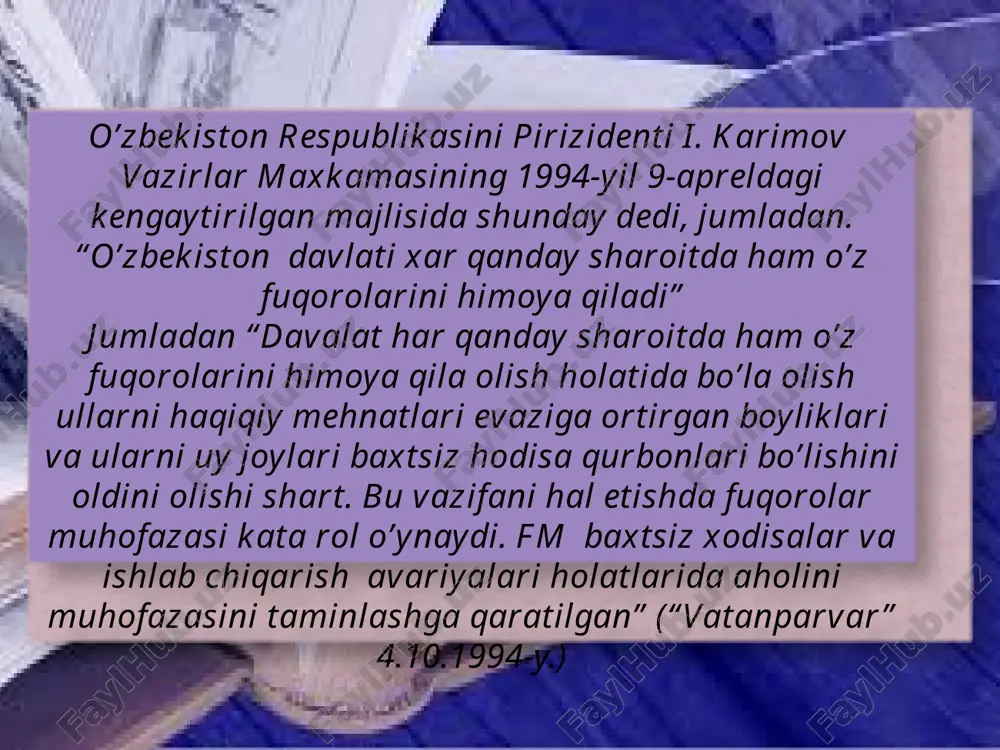 alar va seminarlar; –savol va javob kechalari; –siyosiy- ma`naviy ,axloqiy va estetik mavzularda munozarali tortishuvlar; –fm yosh jangchilari va askarlarining urush faxriylari bilan uchrashuvlari; shuningdek muzeylar, yodgorliklarni tashkil qilish bilan ham, (masalan, jangavor muzey, jangavor burchak, xotira maydoni, tarixiy yodgorliklar) xalq orasida milliy g`urur, ajdodimiz an`analareiga sodiqlik hissini shakllantirishdan iboratdir. fuqaro muhofazasi xizmatining moddiy-texnikaviy ta`minot tizimini tashkillashtirish va uning vazifalari. harbiy davrda ham, tinchlik davrda ham favqulodda vaziyat yuz berganda fuqarolarni muhofaza qilishning asosiy uslublari muayyan tamoyillar asosida amalga oshiriladi. fuqarolarni muhofaza qilishning asosiy tamoyillari quyidagilardan iborat: 1. davlat organlari, vazirlik rahbariyati va xalq xo`jaligi ob`ektlarining rahbarlari tomonidan fuqarolarni muhofaza qilish omillarini doimiy ravishda amalga oshirish va boshqarish; 2. mamlakatning har bir burchagida, aholi yashash joylarida, xalq xo`jaligi tarmoqlarida, fuqarolarni saqlashning omillarini oldindan rejalashtirish; fuqarolarni muhofaza qilishning asosiy tamoyillari quyidagilardan iborat: 3. har bir joyning iqtisodiy, siyosiy va mudofa qudratini hisobga olgan holda fuqaro muhofazasini rejalashtirish va amalga oshirish; 4. …