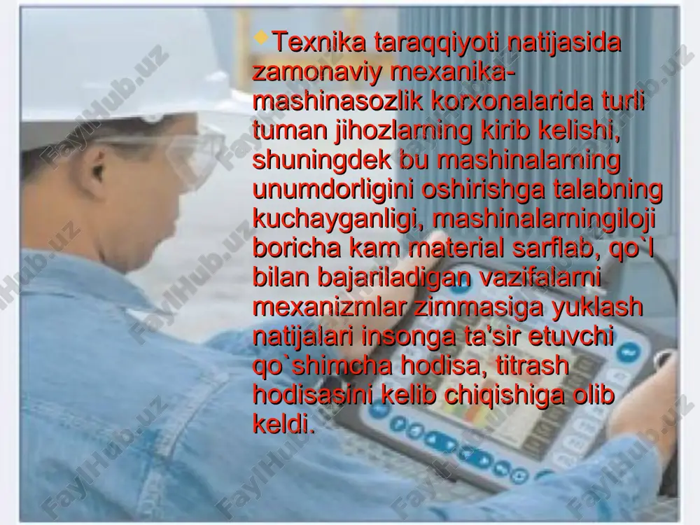 rchab qoladi, diqqat-e’tibori susayadi, harakat uyg’unligi, gavda muvozanati buziladi, umumiy ish qobiliyati va mehnat unumdorligi pasayadi shovqinning organizmga uzoq vaqt ta’sir etishi natijasida markaziy nerv sistemasi faoliyatining buzilishi gipertoniya kasalligini paydo qiluvchi omillardan biridir. shovqinga qarshi kurash o’zbekistonda shovqinga qarshi kurashishga davlat miqyosidagi muammo sifatida qaralmoqda. odam organizmiga shovqin ta’sir etishining oldini olish uchun qator tashkiliy, texnik va meditsina tadbirlari ko’riladi. texnologik uskunalar va turli xil transportlarning shovqinini pasaytirish tadbirlari muvaffaqiyatli amalga oshirilmoqda, ishlab chiqarish sharoitini sog’lomlashtirish va kishilarning ayniqsa tungi paytlarda normal dam olishini ta’minlash bo’yicha kompleks injener-texnik va tashkiliy choralar ishlab chiqilmoqda. shovqinga qarshi kurashish masalalarini hal qilishda sanitariya-epidemiologiya xizmatining ahamiyati katta. shovqinga qarshi individual himoya vositalaridan foydalanishning ahamiyati ham muhim. ko’cha shovqiniga qarshi kurashishda: aholi ko’p yashaydigan rayonlarni sershovqin transport turi (tramvay, yuk avtomashinalari va boshqalar) dan holi qilish; tramvay o’rniga trolleybus va avtomabillar ishlatish; transport signalini ta’qiqlash; yo’l qoplamalarini to’g’ri qurish; ko’chalarni to’g’ri planirovkalash; sanoat korxonalari, …