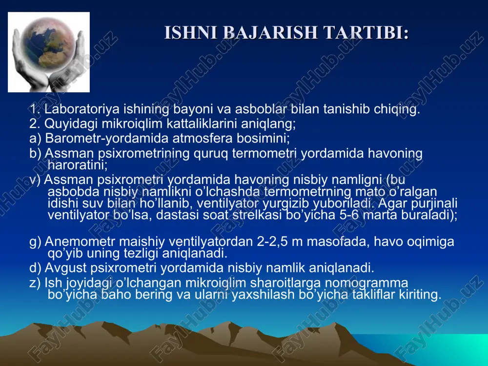 at. ulardan birining rezervuari gigroskopik mato bilan o’ralgan bo’ladi. psixrometrning ishlash printsipi atrof-muhit havosining namligiga qarab bug’lanish jadalligiga asoslangandir. atrof-muhit havosi quruq bo’lsa ho’llangan termometr ko’rsatishi qancha past bo’lsa bug’lanish jadalligi shuncha katta bo’ladi. havo suv zarrachalariga to’yingan bo’lsa, unda ho’llangan termometr ko’rsatishi quruq termometr ko’rsatishiga teng bo’ladi. odatda nisbiy namlikni o’lchash uchun avgust va assman psixrometrlari qo’llaniladi. assman psixrometrlari qo’llaniladi. assman psixrometri ancha mukammal bo’lib, unda ikkala termometr rezervuarlari metalldan yasalgan naychalar ichiga joylashtiriladi. bu ularni issiqlik nurlanishi tasiridan asraydi. tsexdagi havo harakatining termometr rezervuarlariga tasirini kamaytirish maqsadida shu naychalar orqali maxsus ventilyator yordamida tezligi 2,5-3,0 m/s bo’lgan havo oqimi so’rib turiladi. ventilyator psixrometrining korpusiga o’rnatilgan bo’lib prujina yoki elektr dvigatel yordamida yurgiziladi. psixrometr termometrlari ko’rsatkichlarini o’lchab olgach, nisbiy namlik psixrometrik jadvallar /1-jad./ yoki nomogrammalar /1-rasm./ yordamida aniqlanadi. ish o‘rinlaridagi, havo kiradigan teshiklar va ochiq tirqishlardagi havoning harakatlanish va shamol tezligini o‘lchash uchun anemometr deb ataladigan asbob ishlatiladi.u ikki …