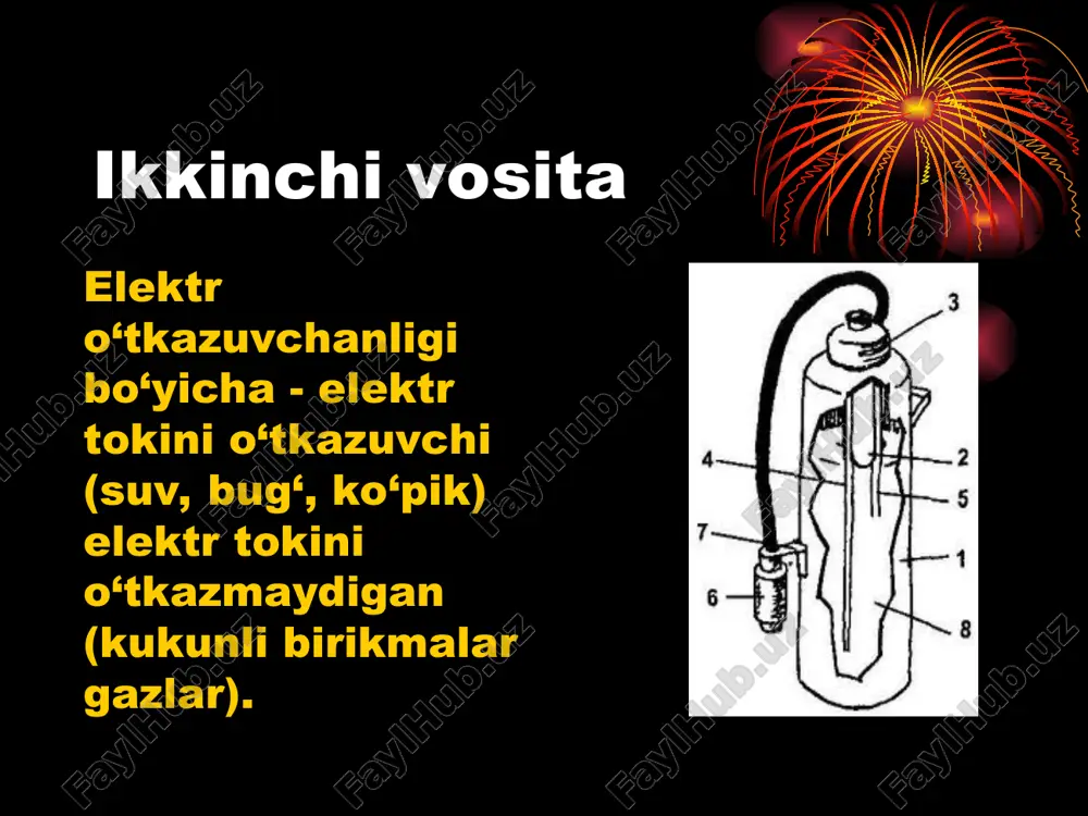 rilmasida pulat korpus zaryadning ishqoriy qismi joylashgandir. u gidro karbonat natriy suvli eritmasi (400 g) va tuzli ekstrakt 150g) dan iborat. ko‘pikning chidamliligini oshirish uchun miqdoriy qismiga kichik miqdorda vspenivaniya zaryadning kislotali qismi polietilenli stakanga joylashtirilgan va undan sulfat kislota, temir sulfat va alyuminiy sulfat mavjud. ish bajarilmagan holatda kislota qismi stakanda klapan bilan bekitilgan. undan so‘ng shox maxkamlangan va stakan devoriga prujina bilan qistirilgan. olov o‘chirish qurilmasini harakatga keltirish uchun dastakni yuqoriga burab va olov o‘chirish qurilmasini tuntarib qo‘yish kerak. reaksiya natijasida katta miqdorda uglevodorod 2 oksidi ajralib chiqadi va bosim 0,1 mpa ga yetganida zapornaya membrana tomon otilib chiqadi. undan so‘ng purkash orqali ko‘piklar qatlami chiqariladi. ko‘piklarning hosil bo‘lish karraligi 6, uni xajmi 43 l, vaqti 60 s. uglekislotali o‘t o‘chirgichlar o‘o‘o‘-2, o‘o‘o‘-5 kichik turdagi har xil moddalar kuygandan o‘chirish uchun ishlab chiqarilgan. 1000v dan yuqori bo‘lmagan kuchlanish ostida to‘rgan elektro qurilmalar 400s dan + 500s gacha harorat …