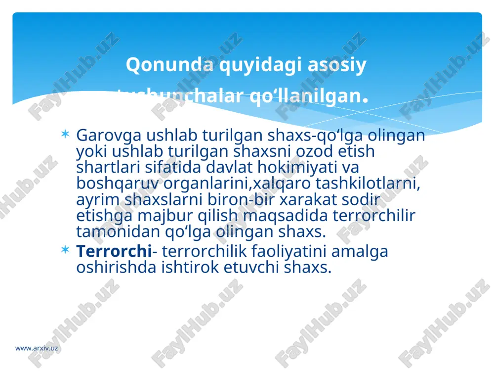 i. xususan, mozori sharif, quddus, qalam nov, bolshon, xayroton, puli xumri, xirot, qobul, qandaxor kabi yirik shaxarlar birlashgan front tomoniga o‘tmoqda. ozod etilgan shaxarlarda toliblar tomonidan tadbiq etilgan bircha tahqiqlar bekor qilindi. jumladan, endilikda shaxarda musiqa tinglash, ayollarning ishlashi va tahlim olishiga ruhsat berildi. www.arxiv.uz www.arxiv.uz o‘qituvchi mustaqillikni amalga oshirish va mustaxkamlashda xalqimizning milliy tafakkur tarzi va diniy qadriyatlarimizni tiklashning va milliy o‘zlikni anglashning o‘rnini ochib berishga aloxida ehtibor berish kerak. chunki, odamlar ongida mustaqillikni saqlab qolish, mahnaviy va axloqiy qadriyatlarini rivojlantirish, xalqning milliy ruxini uyg‘otish va tiklash jamiyat barqaror rivojlanishining muxim sharti va kafolati ekanligini talaba-yoshlar bilib olishi kerak. o‘zbekiton xalqining milliy tafakkur tarzi-terrorizmga qarshi omil sifatida. www.arxiv.uz www.arxiv.uz yurtboshimizning kimda-kim bizning mustaqil taraqqiyot yo‘limizni, orzu-maqsadlarimizga erishish yo‘lini to‘smoqchi bo‘lsa, avvalo, xali suyagi qotmagan mustaqil dunyoqarashi shakllanib ulgurmagan yoshlarimizning mahnaviyatni buzadi, ularni azaliy tabiatimiz va muqqadas odatlarimizga mutloqo zid bo‘lgan g‘oyalar bilan tanishib, o‘zlarining g‘arazli va jirkanch niyatlarini amalga …