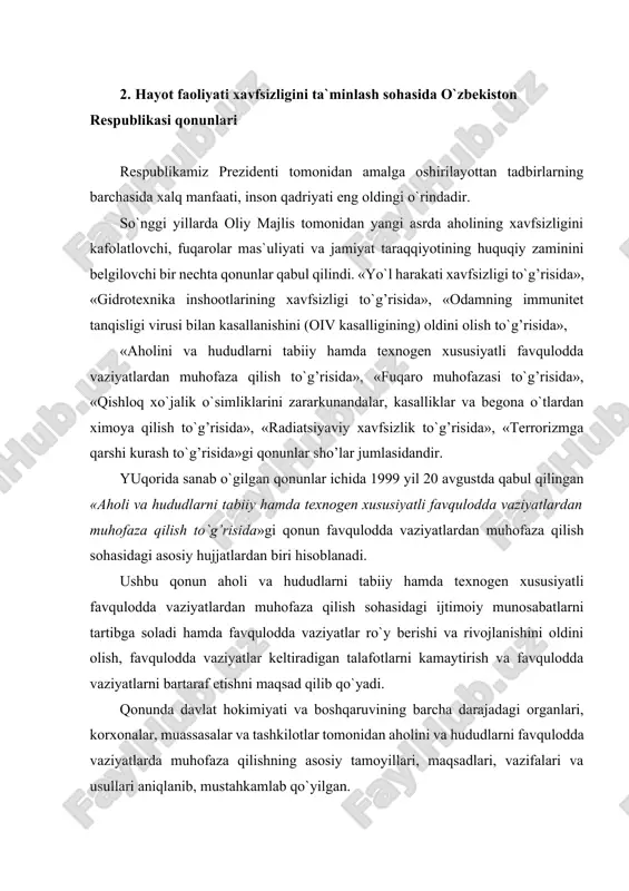 ofaza qilish sohasidagi ijtimoiy munosabatlarni tartibga soladi hamda favqulodda vaziyatlar ro`y berishi va rivojlanishini oldini olish, favqulodda vaziyatlar keltiradigan talafotlarni kamaytirish va favqulodda vaziyatlarni bartaraf etishni maqsad qilib qo`yadi. qonunda davlat hokimiyati va boshqaruvining barcha darajadagi organlari, korxonalar, muassasalar va tashkilotlar tomonidan aholini va hududlarni favqulodda vaziyatlarda muhofaza qilishning asosiy tamoyillari, maqsadlari, vazifalari va usullari aniqlanib, mustahkamlab qo`yilgan. 1 - bo`lim «umumiy qoidalar» deb nomlanib o`z ichiga 1-5 moddalarni oladi. ularda qonunning asosiy maqsadi, favqulodda vaziyatlar bo`yicha asosiy tushunchalar, qonun xujjatlari, muhofazaning asosiy tamoyillari va axborot qanday bo`lishi lozimligi ko`rsatib berilgan. ii bo`limda - «favqulodda vaziyatlardan muhofaza qilishni ta`minlash tizimi» (6—14-moddalar) - muhofaza tizimini tashkil etuvchi organlar, ularning vazifalari haqida so`z yuritiladi. favqulodda vaziyatlarni oldini olish va unday vaziyatlarda harakat qilish davlat tizimi, vazirlar mahkamasi, favqulodda vaziyatlar vazirligi, vazirliklar idoralar, mahalliy hokimiyat organlarining vakolatlari, korxonalar, muassasalar, tashkilotlarning majburiyatlari belgilab berilgan, ilk bor fuqarolar o`zini o`zi boshqarish organlari, jamoat birlashmalarining ishtiroki …
