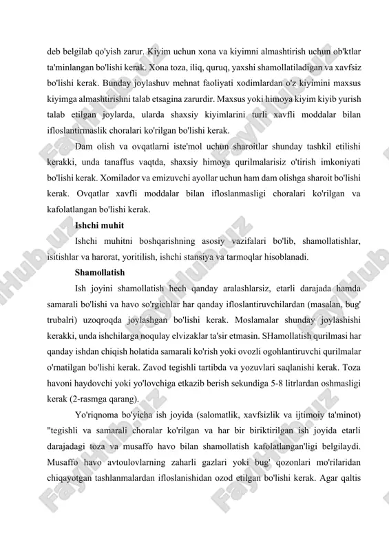 shunda ham harorat 13°c dan kam bo'lmasligi kerak. bu haroratlar avtomatlashgan ishchi joylar va ishchi balandlik yaqinida hamda oynalardan uzoq joyda olingan. xonalar tashqariga ochiladigan yoki ovqat va boshqa mahsulotlarni sovuq holda saqlanishi kerak bo'lgan joylarda, yuqoridagi minimal harorat saqlab qolina olmaydi, buni tasdiqlangan qoidalar kodeksi tan oladi. qizdiruvchi yoki sovituvchi usul tutun ishlab chiqayotgan yoki buzuvchi yoki har qanday insonga zararli ish joylarida qo'llanilishi mumkin emas. buni bartaraf etadigan qurilma doimiy ravishda texnik xizmat ko'rsatilishi lozim. hse rahbariyati ish joyidagi haroratga "qimmatli songa masshtabning yuqori yakunini erish kerak emas. bu - chunki havo haroratidan tashqari, (yaltirovchi harorat, namlik va havoli tezlik), issiqlik qulayligini aniqlovchi omillar harorat ko'tarilishi kabi yanada ahamiyatli va murakkab bo'lib boradi". hse ish beruvchiga xizmatchi yoki ularning vakillari bilan maslahatlashishni tavsiya etadi. maslahatlarni professional tashkilotlardan olish mumkin. diplomga ega bo'lgan "kommunal xizmat muxandislar muassasasi" velikobritaniyada muvofiqlashtirilgan havoli binolar uchun harorat oralig'i qish davomida 21°c va 23°c, …