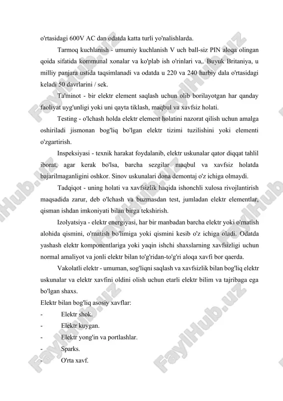 axsda nafas bo'lsa, nafas yo'llarini ochish tomonga joylashtiring va agar zarur bo'lsa, og'iz quritish mumkin. 6. shaxsda nafas bo'lsa, og'iz-og'iz-va yurak urish, ko'krak kompres yo'qligida qo'llaniladi. bir kishi odatda nafas olayotgan, to'g'ri holatda ularni joylashtirish. 7. bint bilan kuyishi va xavfsiz steril bandaj qo'yib har qanday kuygan davolash. no, yumshoq teri yoki pufakchalar tegdi, na biron-bir loson yoki malham kuygan yara uchun qo'llanilishi mumkin emas. 8. shaxs ongga ega bo'lsa, normal zarba uchun davolash. 9. ular kasalxonaga yoki mahalliy operatsiya olib qadar kishi bilan qolish. 10. =_^ 2-rasm. birinchi yordam ko'rsatish. 3-rasm. elektr toki kuchlanishidan 18 metr uzoqroq turing 4-rasm. 25% yong'in elektr nosozlikdan kelib chiqadi 5-rasm. 10 ta chiqishli himoyalangan elektr taqsimlagich 6-rasm. statik ulanish oldin iolish, konteyner yerga ulangan. yashin himoya qilish uchun ehtiyoj o'z ichiga bir necha omillarga bog'liq: · xavf, ish tashlashlar tashkil etadi; · ta'sir ko'rsatishi mumkin odamlar soni; · er va tuzilishi turadi darhol …