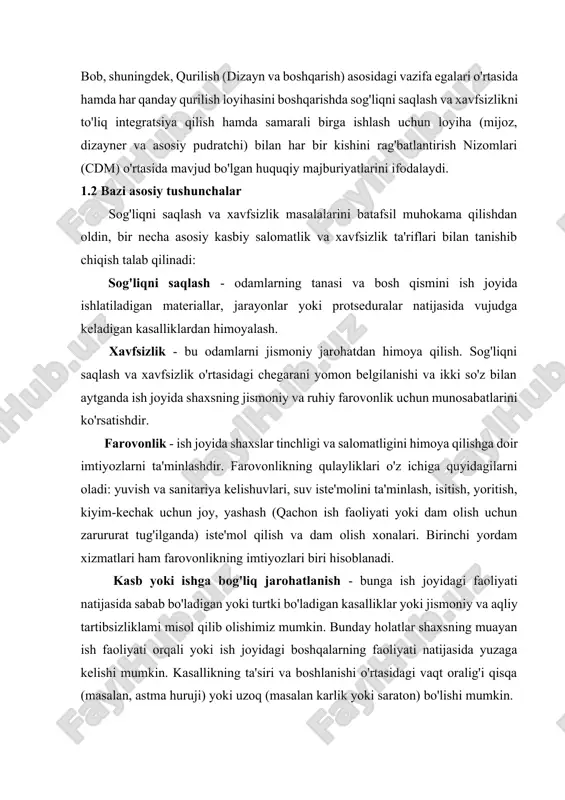 sh (qachon ish faoliyati yoki dam olish uchun zarururat tug'ilganda) iste'mol qilish va dam olish xonalari. birinchi yordam xizmatlari ham farovonlikning imtiyozlari biri hisoblanadi. kasb yoki ishga bog'liq jarohatlanish - bunga ish joyidagi faoliyati natijasida sabab bo'ladigan yoki turtki bo'ladigan kasalliklar yoki jismoniy va aqliy tartibsizliklami misol qilib olishimiz mumkin. bunday holatlar shaxsning muayan ish faoliyati orqali yoki ish joyidagi boshqalarning faoliyati natijasida yuzaga kelishi mumkin. kasallikning ta'siri va boshlanishi o'rtasidagi vaqt oralig'i qisqa (masalan, astma huruji) yoki uzoq (masalan karlik yoki saraton) bo'lishi mumkin. atrof muhitni muhofaza qilish - bular ish joyida atrof- muhitga va, ehtimol, xodimlar va boshqalarning sog'liqni saqlash va xavfsizlik ta'sir qiladigan faoliyatlar tugatishga doir kelishuvlar (flora, fauna, suv, havo va tuproq shaklida) dir. bunday tadbirlar chiqindilar va atmosfera ifloslanishlari kabilarni o'z ichiga oladi. baxtsiz voqea - bu xavfsizlik va sog'liqni saqlash kengashi (hse) tomonidan "odamlarning kasal bo'lishi yoki jarohatlanishi, yoki mulk, o'simlik, materiallar yoki atrof …