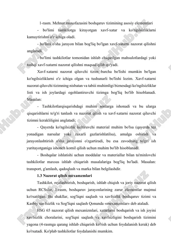 rejalashtirish jarayoni (45-rasmga qarang) uch qismdan iborat: · joriy vaziyat haqida to'g'ri ma'lumotlar; · taqqoslash uchun tegishli mezonlar; · tahlil qilish va qaror qabul qilish uchun vakolatli shaxslar. tizimni o'rnatish uchun echimlar zarur bo'lsa qo'yidigilar bo'lishi mumkin: · tashkilot uchun bir qator xavflar - xavflar etarli; · mo'ljallangan va to'g'ri maqsadlarga erishish kabi ishlaydi; va · ish joyidagi tejamli va mutanosib xavflarni boshqarish. · 3-rasm. xavfni nazorat qilish tizimlari 1.5 xavfsizlik va sog'liqni saqlash maqsadlarini belgilash har bir ishni birinchi urinishda qilish bu amaliy hisoblanmaydi, va shunday qilib, sog'liq va sog'liqni saqlashni rejalashtirish ma'ram bir davr oralig'ida obyektlarni tashkil qilishda tashkilotni yo'naltirishda muhim bo'lib hisoblanadi. qilinishi kerak bo'lgan ishlar mavjud bo'lgan resurslarga, tashkilotning siyosiy maqsadlariga va hozirgi sog'liq va uni saqlash va unga itoat etish holatlariga bog'liq bo'ladi. agar ularning siyosati yaxshi holatga erishmoqchi bo'lhsa va dunyoda yetakchi bo'lishni istasa, ularning obyektlari minimum qonuniy standartlarga rioya qilishni istaganlarga qaraganda anchagina …