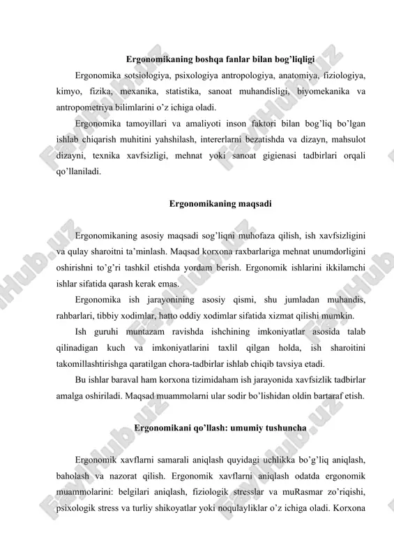 bar va xavfsizlik mutahassislar bilan o’tkazilgan suhbati orqali, ishchilarning eng ko’p jarohat olish xavfi mavjud ish joylari aniqlandi. agar ergonomik xavfi muammo bo’lsa, unu zaruriy hisoblar orqali baholash tadbirlar bajarish lozim. baholash – bu mavjud muammoning darajasi va joyini aniqlash uchun to’plangan barcha ma’lumotlarga aytiladi. baholash ishlari birinchi yordam ko’rsatish yoki hamshiralar tutgan jurnanll yozuvlaridan, hamda ishchiga moddiy tovon ro’yxatidan boshlanadi. ergonomik jarohat va kasalliklar soni yuqori bo’lsa, unda batafsilroq baholash ishlari amalga oshiriladi. kasalliklar ko’rsatkichlariga jarohat, umurtqa suyak sindromi, barmoqlar suyak sindromi, tendinit, tendovaginit va mushak zo’riqishi yoki bo’g’mlar cho’zilishlarini o’z ichiga oladi. ro’yxatda jabrlangan kishining ismi, ish turi va joyi ko’rsatilishi lozim. jarohatlanish chastotasi eng ko’p sodir bo’lish ehtimoli bor ish joylarida zarur chora-tadbirlar olib boriladi. ergonomik muammo darajasini chuqurroq anglash uchun, mukammal tadqiqot ishlar olib borish zarur, bu – izlanishlar, xodimlar bilan o’tqazilgan suhbatlar, ish joylari va xodimlarning sog’liq darajasini muntazam nazorat ishlarini olib boorish. baholash jarayoni …