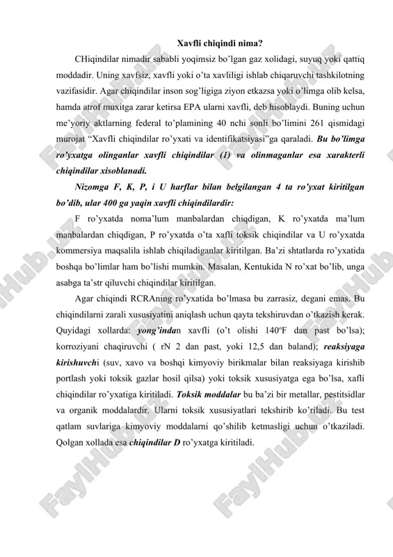 niqlanishi kerak. miqdor jihatidan ular oyiga 100 kgdan ortiq chiqaradigan bo’lsa, yoki 1000 kgdan ortiq chiqindi saqlayotgan bo’lsa, bu statusda hisoblanadi. bundan kam miqdorda epa da identifikatsiya qilinmaydi. agar korxona 6 oy ichida 6000 kggacha xavfli chiqindi chiqarsa, ularni 200 mildan ortiq masofaga 9 oy ichida tashib bo’lsa, bu korxonaga ruxsat beriladi. katta miqdorda, 1000 kgdan ortiq xavfli chiqindi va 1 kgdan ortiq o’ta xavfli chiqindi chiqaruvchi korxona xavfli chiqindi manbayi xisoblanadi. bunday korxonaga xavfli chiqindilarni 3 oygacha saqlab turishga va 6 oy davomida 200 mildan ortiq masofaga tashishga ijozat beriladi. kam miqdorda chiqindi chiqaradigan korxonalarga nizom boyicha bunday chegaralash qoyilmaydi. boshqa korxonalarda albatta idintifikatsiya raqami bolish kerak. bazi shtatlarda talab ancha qat’i. korxona xar qanday masalani amerika atrof muxitni ximoyasi qilish agentligi bilan kelishish kerak. epa idintifikatsiya raqamini olish idintifikatsiya raqamini olish uchun amerika epa sidan yoki shtat epasidan (shakl 8700 - 12) dagi xavfli chiqindi to’g’risidagi bildirish noma …