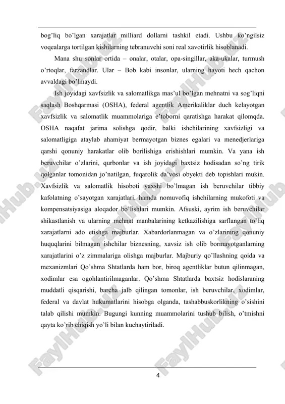 atlarini hisobga olganda, tashabbuskorlikning o’sishini talab qilishi mumkin. bugungi kunning muammolarini tushub bilish, o’tmishni qayta ko’rib chiqish yo’li bilan kuchaytiriladi. mehnatni va sog’liqni saqlashning ilk tarixiy tadqiqoti qadimiy yunon va rim shifokorlari mehnatni va sog’liqni saqlash haqida bezovtalik yaqinda paydo bo’lgan muammo emas. bugungi ko’p salomatlik va xavfsizlik muammolari avval 2000 ming yil oldin kuzatilgan. barvaqt hisob, taxminan eramizdan avvalgi 2100 yilga tegishli bo’lgan, xammurapi kodeksi bilan bog’liq. bu eng avval badanning shikastlanishilari va yo’qotishlarga tegishli edi, va bu shikastlanganlarga kompensatsiya qilish harakatida, jazo chorasi hamda to’lovlar belgilangan grafikini tasdiqladi. eramizdan avvalgi 300 va 400 yillar o’rtasida amaliyot o’tagan yunon va rim shifokorlari, shu davrda foydalanilgan metallar tas’iriga uchragan insonlar salomatligiga nisbatan xavotirlik bildirganlar. ular tibbiyot asoschisi gippokrat, rim shifokori va olimi, plinium kattasi, ular 6 bobda muhokama qilingan. ikkinchi asr davomida yashagan, rim shifokori, galen professional kasalliklar va mis qazib olish bo’yicha konchilar uchun mo’ljallangan kislotali aerozollar haqida yozgan. …