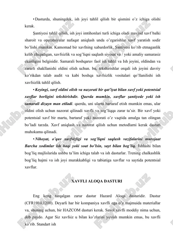 isno ishlatiladigan material faqat saqlab bo’lsa, deb maishiy miqdorda, barcha javob shart emas standarti talablari. eng xavfli materiallar uchun qaysi odatda kimyoviy shaklida kelib, bir necha asosiy talablar mavjud. 15- bobda xavfli materiallar bilan bog’liq xavfli aloqa dasturi yanada chuqur muhokama qilinadi. favqulodda holatlarda tadbirlar rejasi. ish beruvchilar har doim sifatida yozilgan favqulodda tadbirlar rejasini ishlab chiqishi kerak. cfr 1910,38 belgilangan. kompaniya tarixiy yozuvlar, maydoni, va shunga o’xshash kompaniya ehtimol favqulodda aniqlash uchun ko’rib chiqish kerak ish beruvchi duch mumkin. rivojlantirish orqali har bir favqulodda murojaat taqdirda xodimlar uchun standart operatsion protseduralari olov, havo favqulodda, terror hujumi, fuqarolik isyon, yoki boshqa ehtimol salbiy holatlar. rejalari kamida quyidagi elementlarni o’z ichiga oladi: · xodim favqulodda taqdirda xabardor kimlarni. ekan keyin xabardor qiladi (odatda bir receptionist yoki dispetcherlik) individual mahalliy favqulodda javob organlari, tegishli boshqaruv va in-zavod javob jamoalar. xabardor har bir individual standartini ega har bir kutilgan favqulodda vaziyat uchun operatsion …