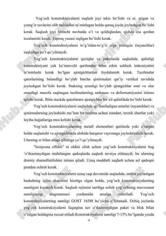 o, gaz, bug’ yoki yuqori chastotali tok yordamida quritiladi. yog’och konstruksiyalarini chirishdan va yong’indan himoya qilish. doimiy harorat va namlik sharoitiga ega bo’lgan, yog’ochning namligi 20% dan oshmaydigan, bundan tashqari suv ostida va doimiy muzliklar qoplagan joylarda yog’och umrboqiy qurilish ashyosi hisoblanadi. biroq, chirishga moyil bo’lgan yog’och konstruksiyalari bir necha oydan so’ng ishlatishga mutlaqo yaroqsiz bo’lib qolishi mumkin. yog’och, asosan, uning tarkibini kemiradigan qo’ziqorinlar ta’sirida chiriydi. chirish jarayoni yog’ochda namlik kamida 20%, havo еtarlicha bo’lganda va harorat 5° dan 45° gacha bo’lgan hollarda davom etadi. ushbu omillarning birortasi bo’lmaganda chirishning davom etishi mumkin emas. bu holatdan himoya sifatida yog’ochni quritish va uni imkoni boricha namlikdan saqlash lozim boladi. chirishni oldini olishning konstruktiv choralari. namlikdan saqlashning konstruktiv usullariga tomni ishonchli qilib yopish, doimiy profilaktik ishlarni amalga oshirish, binoni topshirishda binoni to’liq namlikdan bartaraf etish, еrosti suvlaridan himoya sifatida gidroizolatsiya ishlarini sifatli bajarish, istiladigan xonalarni va еrto’lalarni shamollatishni tashkil etish va h.k. …