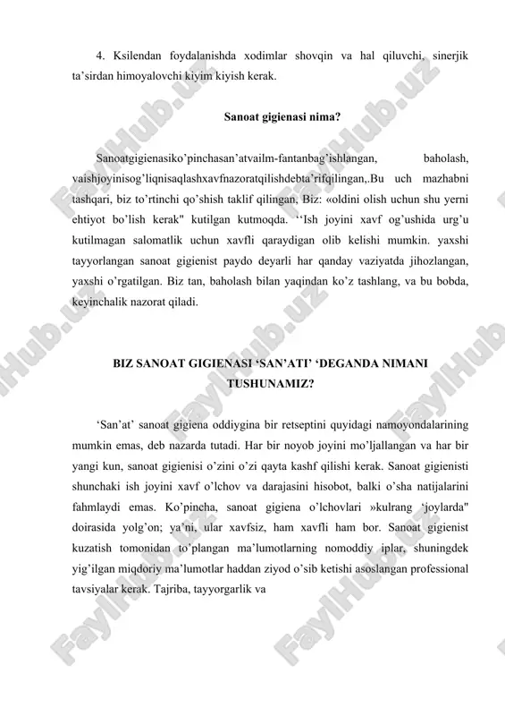 va toksikologiyasi, fanlarni o`z ichiga oladi. sanooat gigienasi fani atrof-muxit salomatligi, geografik axborot tizimlari, sanoat psixalogiyasi bilimlari sanoat gigienasi xodimiga amaliyotda muhim ahamiyatga ega. nazariyada, sanoat gigienasi xodimi ish muxitida kimyoviy, bilogik, fizik va inson sog`lig`iga zararli radioaktiv moddalarga javobgar boladi. amalda bo`lsa, bu soxada hech kim individual mutaxasis bo`la olmaydi. ish joyida sog’liq uchun xavflarni nazorat qilish, bu xavflarni yoki barcha mavjud ish o’rinlari boshqarish professionallar jamoasi tutayotgani juda murakkab aylandi.bunday jamoada kasbga oid shifokorlar, kasbga oid hamshira, xavfsizlik professional, sog’liqni saqlash fizik (radiatsiya himoya) va boshqalarni o’z ichiga olishi mumkin.yuqori xavf mikrobiologik chiqarib qo`yish bilan ish ham biologik xavfsizlik mutaxassislari ishi. sanoat gigienasi ayyor detektivlik, intizomli olim va yaxudiylik ishontirishni talab qiladi. sanoat gigienasi hodimi tez-tez ko’zga ko’rinmas xavfli moddalar sirlarini fosh etishi kerak. ular nimalar? qayerda ular kelib chiqadi? hozirgacha qanchani tashkil etadi? ular qanday zarar bo’lishi mumkin? qanday qilib men ularni nazorat qilishim yoki bartaraf etishim …