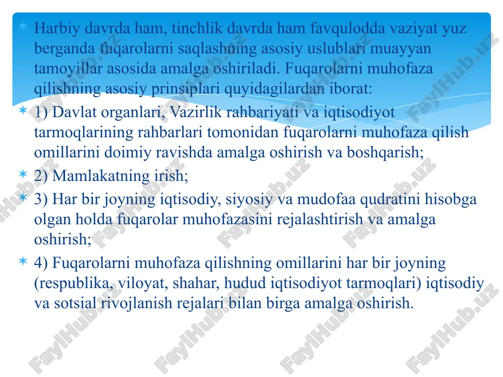 atta va boshqalar. boshpanani qurishda quyidagi talablar qо‘yiladi: 1) 3 sutkadan kam bо‘lmagan muddatda saqlash; 2) suv bosmaydigan joylarda qurish; 3) oqar suvlardan, kanalizatsiya kommunikatsiyalaridan hamda qurilish kommunikatsiyalaridan uzoqroq joylarda qurish; 4) chiqish va kirish eshiklarining bо‘lishi. boshpana ma’lum jihozlar bilan jihozlanishi shart, jumladan: shamollatgich, sanitar-texnik jihozlar, havodagi zaharli moddalarni, radiaktiv birikmalarni. image2.jpg image3.jpg image4.jpg image5.jpg image6.jpg