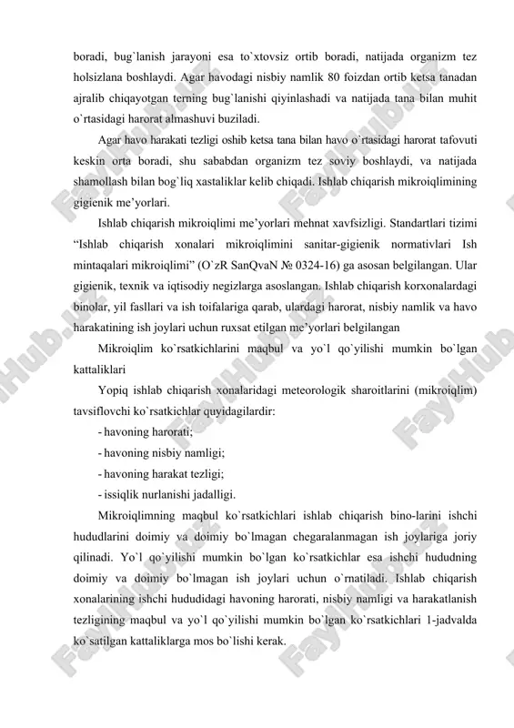 nadi. yo`l qo`yilishi mumkin bo`lgan ko`rsatkichlar esa ishchi hududning doimiy va doimiy bo`lmagan ish joylari uchun o`rnatiladi. ishlab chiqarish xonalarining ishchi hududidagi havoning harorati, nisbiy namligi va harakatlanish tezligining maqbul va yo`l qo`yilishi mumkin bo`lgan ko`rsatkichlari 1-jadvalda ko`satilgan kattaliklarga mos bo`lishi kerak. mikroiqlimning yo`l qo`yilishi mumkin bo`lgan ko`rsatkichlari, qachonki ishlab chiqarishning texnologik talablari bo`yicha, texnik va iqtisodiy sabablarga ko`ra maqbul me’yorlar bilan ta’minlash imkoni bo`lmagan holatlarda o`rnatiladi. yilning iliq davrida harakatning katta tezligi havoning maksimal haroratiga, kichigi esa– havoning minimil haroratiga mos keladi. oraliq kattaliklar uchun havoning haroratlari, uning harakatlanish tezligi interpolyasiya usulida aniqlanishi mumkin; havoning harorati minimal bo`lganda uning harakatlanish tezligi 0,1 m/sek. dan pastroq qilib - engilroq ishda bo`lsa hamda 0,2 m/sek pastroq bo`lganda- o`rtacha og`irlikdagi va og`ir ishda qabul qilinishi mumkin. mikroiqlimning maqbul ko`satkichlarini ta’minlab berishda hududni konstruksiya (devor, shift, pol) lar yoki qurilma (ekran va sh.k.) lar ishchi hududini o`rab turgan ichki yuza sirtlarining harorati, shuningdek, …