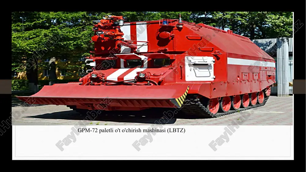 i. yong'in o'chirish tankining birinchi namunasi lvov zirhli ta'mirlash zavodida ishlab chiqarilgan. hozirda rossiya favqulodda vaziyatlar vazirligi bir nechta shunga o'xshash yong'inga qarshi tanklar bilan qurollangan. shassi tank t-62 og'irligi, t 34-36 sayohat tezligi, km/soat 40-50 dasturchi dizayn va texnologiya markazi (ktc), kiev ishlab chiqaruvchi lvov zirhli ta'mirlash zavodi (lbtrz) ishlash xususiyatlari impuls-2m izli o't o'chirish mashinasining ishlashi gpm-54 kuzatilgan o't o'chirish mashinasi: maqsadi, o'zgartirishlar va ularning ishlash xususiyatlari gpm-54 izli o't o'chirish mashinasi 1977 yilda t-54 tanki asosida sssr mudofaa vazirligining 482-konstruktorlik-texnologiya markazi mutaxassislari tomonidan omborlar va arsenallarda harbiy yong'indan himoya qilish guruhlarini jihozlash uchun ishlab chiqilgan. fuqaro mudofaasi qo'shinlari, 1978 yilda t-54 va t-55 tanklari asosida ushbu turdagi avtomashinalarni kichik hajmdagi ishlab chiqarish 17-zirhli ta'mirlash zavodi tomonidan o'zlashtirildi. hikoya 1984-1985 yil qishda baykonur kosmodromiga to'rtta gpm-54 keldi - ikkitasi 45-sonli uchastkaga va ikkitasi 110-sonli uchastkaga (energia-buran). ular, shuningdek , chernobil aesdagi avariya oqibatlarini bartaraf etish uchun ishlatilgan (keyinchalik …