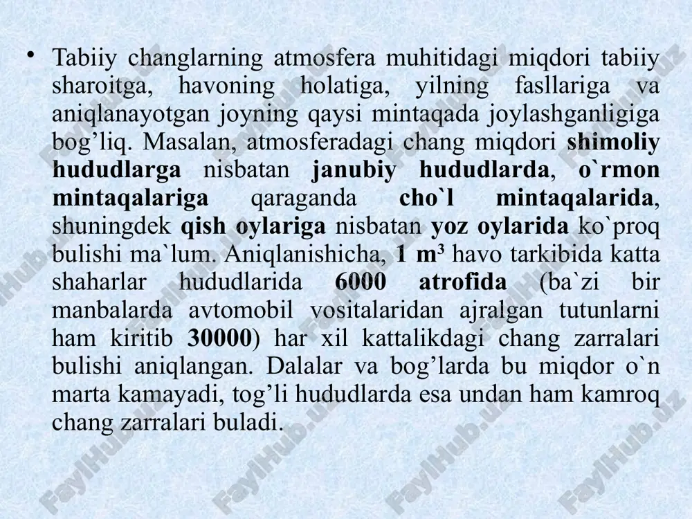 qtı qorǵaw mamleketlik mekemeleri tarepinen sanaat karxanalarında hawanıń pataslanıw darejesin tekserıwde keń qollanıladı. sonlıqtan jumıs ornındaǵı shań muǵdarın tiykarınan tárezi usılında anıqlaydı. bul usıl menen shańdı rem birligi mg\m3-larda anıqlawǵa boladı. bunıń ushın m-822 markalı elektrorespirator jardeminde afa markalı shań tutqısh filtrlerden pataslanǵan hawanı ótkızıw jolı menen belgili waqıt ishinde hawadaǵı shań tutıp qalınadı. sońınan olardı terezide ólshep 1m3 hawanıń quramında qansha milligramm shań barlıǵı anıqlanadı. korxonalarda havonı changdan tozalash uchun har xil chang yutgıch qurollardan foydalanamız. ularning ishlash usulı, kurinishi, olchamlari va yutısh imkoniyatları har xil. shuning uchun changning fizik olchamlari va kimyoviy xususiyatlariga qarab kerakli chang yutgich qurılması tanlab olınadı. sanoatda foydalanıshga tagdim etilgen chang yutgichlarnıng chang zarrachalarin havodan ajratıb olısh uchun ularga korsatiladigan tasir kuchlari buyıcha quyidagi guruxları bor: quruq mexanik chang yutgichlar (havo oqimi tasiridan tosıqlarga mexanik toqnashish natiyjasida zarrachalar chokadi) nam chang yutgichlar (havodagı chang zarrachalarin bosım ostıda purkalgan suv yordamida choktırısh yoki suniy yollar …