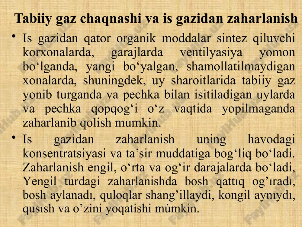 plitalaridan xonani isitish maqsadida foydalanish qat’iyan man etiladi. e’tiborsizlik oqibatida gazdan zaharlanish fojiali oqibatlarga olib kelishi, gaz isitish asboblaridan noto‘g‘ri foydalanish tufayli chiqqan yong‘in esa insonlar o‘limi hamda jamiyatga moddiy zarar etkazishi mumkin. tabiiy gazlardan zaharlanish va gaz isitish asboblaridan xavfsizlik qoidalariga rioya qilgan holda foydalanishga nafaqat mavsum davomida, balki butun umr davomida e’tibor qaratmog‘imiz lozimdir. yuqorida ko‘rsatib o‘tilgan qoidalariga rioya qilsangiz o‘zingizni va oila a’zolaringizni gazdan zaharlanishdan va turli xil noxush hodisalardan saqlab qolgan bo‘lasiz. xonada tabiiy gaz yig‘ilib qolgan holatda, zudlik bilan quyidagilarni amalga oshirish zarur: -xonaning oyna va derazalarini ochib, shamollatish; -xonadagi elektr jihozlarni yoqmaslik, yoniq bo‘lsa o‘chirmaslik; -gaz jo‘mraklarini berkitish; -gazni berkitishning iloji bo‘lmasa yoki yorilgan, singan va teshilgan joylar aniqlansa, gaz ta’minoti avariya xizmatiga xabar berish. tabiiy va is gazlari bilan zaharlanish holatlari bilan bog‘liq favqulodda vaziyatlar sodir bo‘lganda zudlik bilan: -zaharlangan kishiga birinchi tibbiy yordam ko‘rsating; -"103" telefon raqami orqali "tez tibbiy yordam"ga xabar …