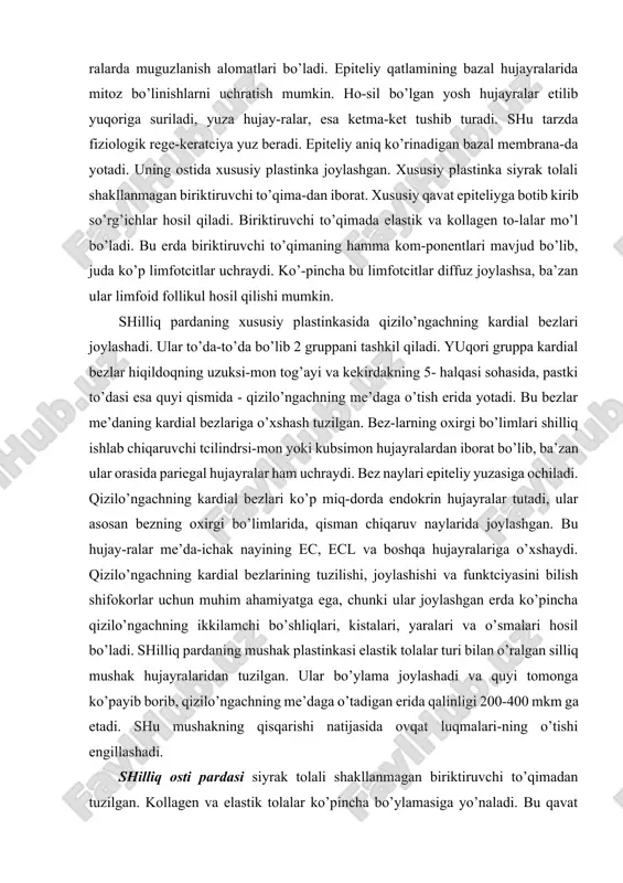 aychalarda epiteliy bir qavatli kubsimon yoki past tcilindrsimon, yirik naylarda esa ko’p qavatli yassi hujayralardan iborat. qizilo’n-gachning xususiy bezlarining mahsuloti shilliq pardaning yuza-sini namlab oziq moddaning yaxshi siljishini ta’sirlaydi. xususiy bezlar asosan qizilo’ngachning yuqorigi og’iz qismida uchraydi. mushak parda ichki aylana va tashqi bo’ylama yotgan mushak qavatlardan iborat bo’lib, uning qalinligi 1-2 mm ga teng. mu-shak parda qizilo’ngachning yuqori 7z qismida ko’ndalang targ’il, o’rta 7z qismida ham ko’ndalang-targ’il, ham silliq mushak, quyi i/z qismida esa faqatgina silliq mushaklardan tuzilgan. bu xu-susiyat kesmada qizilo’ngachning qaysi joyidan olinganligini aniqlash uchun belgi bo’ladi. ichki tcirkulyar qavat ikki bo’rt-ma - qizilo’ngach sfinkterlarini hosil qiladi. yuqori sfinkter uzuksimon tog’ay sohasida joylashgan bo’lsa, ikkinchi - pastki sfinkter qizilo’ngachning me’daga o’tish joyida hosil bo’ladi. bu tuzilmalar amaliy meditcinada katta ahamiyatga ega. adventitcial parda siyrak tolali shakllanmagan biriktiruv-chi to’qimadan iborat bo’lib, bir tomondan mushak qavatidagi, tashqari tomondan a’zo atrofidagi biriktiruvchi to’qima bilan aloqada bo’ladi. adventitciyada bo’ylama yo’nalgan qon …