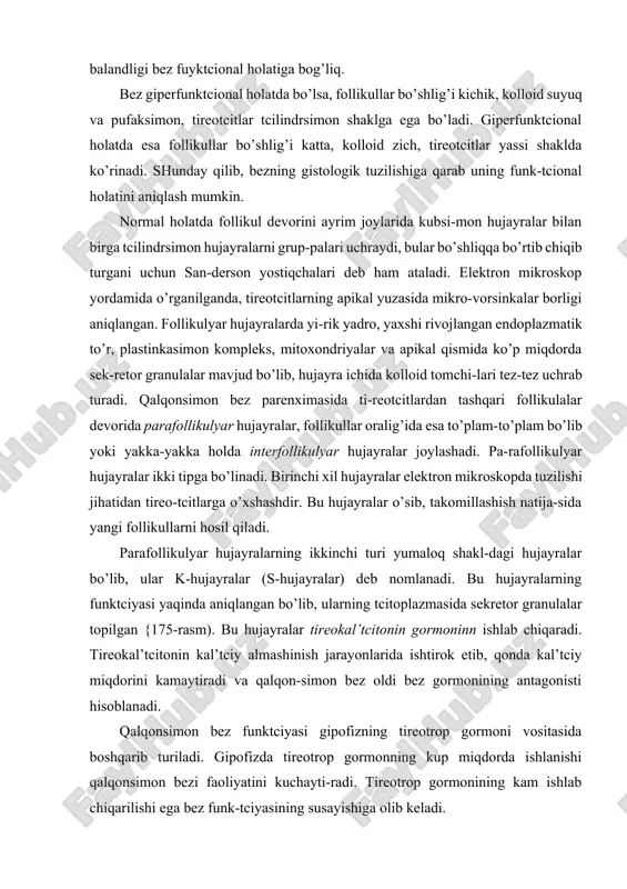 o’z navbatida bir necha fazani o’z ichiga oladi. birinchi faza. bu fazada gormonlar sintezi uchun asos qilib olinadigan xom ashyo qondan tireotcitlarga o’tadi. bunday moddalarga aminoknslotalar, monosaxaridlar, yog’ kislotalari, mineral tuzlar va yodidlar kiradi. ikkinchi faza. tireoglobulin tarkibiga kiruvchi oqsil mole-kulasini sintez qilish fazasi. hujayralarga kirgan' amynokis-lotalardan (tirozin aminokislotasi) endoplazmatik to’r membra-nalarida oqsil molekulasi sintez qilinadi. uchinchi faza. bu fazada sintez qilingan oqsil molekulasig’a karbonsuvli qism birikadi. bu qism tireotcit hujayralar plas: tinkasimon kompleksida monosaxarilardan sintez qilinadi. shunday qilib, murakkab karbonsuvli oqsil tabiatga ega bo’lgyan tireoglobulin molekulasi vujudga keladi. to’rtinchi faza. bunda tireoglobulinga yod atomlari birikti-riladi. hujayraga kirgan yodid oksidlanib, undan yod atomlari ajraladi va tnreoglobulin oqsil molekulasi tarkibidagi har bir tirozin aminokislotasiga 1 yoki 2 tadan yod atomi birinadi. bu protcess tireotcit hujayralarning plastinkasimon kompleks zonasida borib, sekretor granulalar hosil bo’lishi bilan yakun-lanadi. beshinchi faza. bu fazada sekretor material-merokrin sek-retciya yo’li bilan follikul bo’shlig’iga - kolloidga chiqariladi. ikkinchi bosqich …