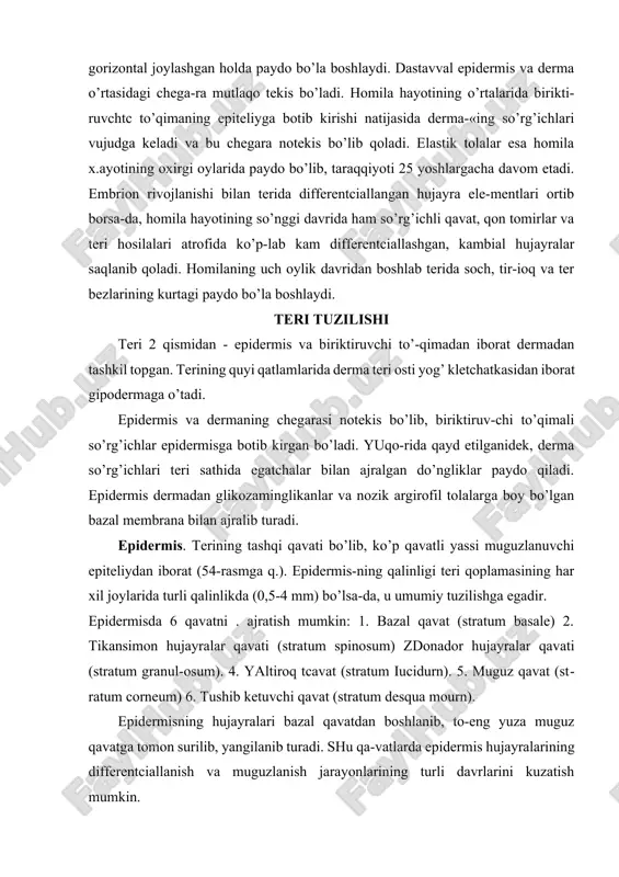 qoplamasining har xil joylarida turli qalinlikda (0,5-4 mm) bo’lsa-da, u umumiy tuzilishga egadir. epidermisda 6 qavatni . ajratish mumkin: 1. bazal qavat (stratum basale) 2. tikansimon hujayralar qavati (stratum spinosum) zdonador hujayralar qavati (stratum granul-osum). 4. yaltiroq tcavat (stratum iucidurn). 5. muguz qavat (stratum corneum) 6. tushib ketuvchi qavat (stratum desqua mourn). epidermisning hujayralari bazal qavatdan boshlanib, to-eng yuza muguz qavatga tomon surilib, yangilanib turadi. shu qa-vatlarda epidermis hujayralarining differentciallanish va muguzlanish jarayonlarining turli davrlarini kuzatish mumkin. bazal tcavat epidermisning eng quyi qatlami hisoblanib, der-madan bazal membrana orqali ajralib turadi (149-rasm). bu qatlam bir qavat joylashgan 2 xil - bazal (epidermotcitlar) va pigment hujayralari - melanotcitlardan iborat. bazal hujayralar bir qator bo’ychan, tcilindrsimon hujayralar-dan tashkil topgan. bu hujayralarning oval yadrosi xromatinga boy bo’lib, hujayra tcitoplazmasi bazofil xususiyatga ega. bazal hujayralar o’zaro desmosomalar orqali birikadi. hujayralar oralig’ida yoriqlar bo’lib, shu tuzilmalar bo’ylab to’qima suyuq-ligi harakat qiladi. hujayralarning nozik tuzilishida barcha organellalar …