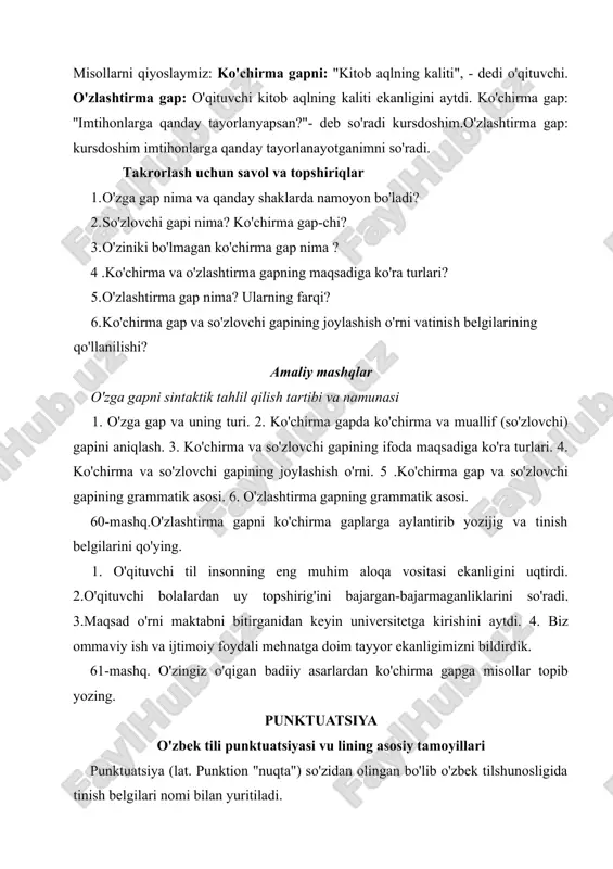 aliy ahamiyatga ega. o'zbek tilida tinish belgilarining bir necha tamoyillari bor. logik-grammatik tamoyil, uslubiy tamoyil, defferensiatsiya tamoyillari. 1. logik- grammatik tamoyilga ko'ra har bir tinish belgisimantiqiy fikrning tugalligini bildirish uchun yozuvda qo'llanadi.masalan: bugun dars bo'ladi. (darak) mazmun va grammatikjihatdan tugallangani uchun (.), sen bahomi sog'inmadingmi? so'roqmazmuni ifoda etilgani uchun (?), yashasin mustaqilliik undoshmazmuni berilgani uchun (!) belgilari qo'yilgan. 2. uslubiy tamoyilga ko'ra gapda ifoda etiladigan turli his-hayajon, emotsiya yoki badiiy, ilmiy uslub talabiga ko'ra tinishbelgilari ishlatiladi. 3. defferensiatsiya tamoyiliga ko'ra esa tinish belgilarini gaptalab qilgan ohang va mazmuniga ko'ra ajratib farqlash asosidaishlatish tushuniladi. o'zbek tilida tinish belgilarining ishlatilish o'rinlarini quyidagicha izohlash mumkin: i. (.) nuqtaning ishlatilish o'rinlari: 1) darak gap oxirida ishlatilib, fikming tugallanganligini bildiradi. masalan: mustaqillikka erishgach, barcha orzularimiz amalga oshdi. (gaqzetadan.) 2) orzu -istak, iltimos. yalinishga undosh. so'roq, maslahat, nasihat, ogohlantirish mazmunini ifodalagan buyruq gaplar oxirida: bir kelib keting qo'shig'imizga. go'zallaming malikasi ekansan, buni sening ko'zlaringdan o'qidim. (ch.) …