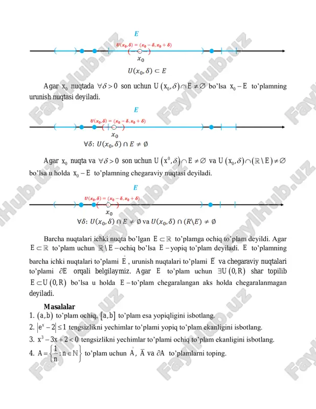1,5) atrofini ko’ramiz. 𝑥3, 𝑥4, 𝑥5, … , 𝑥100, … ∈ 𝑈0,5(1). 𝑛 ≥3 uchun 𝑥𝑛 ∈ 𝑈0,5(1), ya’ni |𝑥𝑛 − 1| 0 yechish: funksiya uzluksiz bo’lishi uchun u limitga ega bo’lishi kerak, ya’ni chap va o’ng limitlari teng bo’lishi kerak: lim 𝑥→0− 𝑓(𝑥) = lim 𝑥→0− 𝑎𝑥 − 1 𝑥 = ln 𝑎 , lim 𝑥→0+ 𝑓(𝑥) = lim 𝑥→0+ (1 + 𝑥 2 ) 𝑏 − 1 𝑥 = 𝑏 2 demak 𝑏 2 = ln 𝑎. 2-shartga ko’ra bu limit qiymati funksiya qiymatiga teng bo’lishi kerak ya’ni 𝑏 2 = ln 𝑎 = 2 −𝑚𝑖𝑠𝑜𝑙. shuning uchun 𝑏 = 4, 𝑎 = 𝑒2. javob: 𝑏 = 4, 𝑎 = 𝑒2 3-misol. funksiyaning uzulish nuqtalarini toping: 𝑓(𝑥) = [𝑥2]. yechish. funksiya uzluksiz bo’lishi uchun u limitga ega bo’lishi kerak. 𝑔(𝑥) = [𝑥] funksiya 𝑥 = 𝑛 ∈ 𝑍 nuqtalarda limitga ega emas. ya’ni shu nuqtalarda uzilgan. bundan 2x …