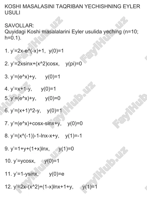 4^2*cos(3.54) = -31.658 y5 = y4 + h * f(x4, y4) y5 = -7.2338 + 0.1 * (-31.658) = -10.3998 shunda, biz y5 ni topdik. bizning jarayonimiz quyidagicha davom etadi: x6 = x5 + h = 3.74 f(x5, y5) = 2*3.64*sin(3.64) + 3.64^2*cos(3.64) = -36.484 y6 = y5 + h * f(x5, y5) y6 = -10.3998 + 0.1 * (-36.484) = -14.0482 shunda, biz y6 ni topdik. bizning jarayonimiz quyidagicha davom etadi: x7 = x6 + h = 3.84 f(x6, y6) = 2*3.74*sin(3.74) + 3.74^2*cos(3.74) = -42.005 y7 = y6 + h * f(x6, y6) y7 = -14.0482 + 0.1 * (-42.005) = -18.2482 shunda, biz y7 ni topdik. bizning jarayonimiz quyidagicha davom etadi: x8 = x7 + h = 3.94 f(x7, y7) = 2*3.84*sin(3.84) + 3.84^2*cos(3.84) = -48.261 y8 = y7 + h * f(x7, y7) y8 = -18.2482 + 0.1 * (-48.261) = -23.0742 shunda, biz y8 ni …