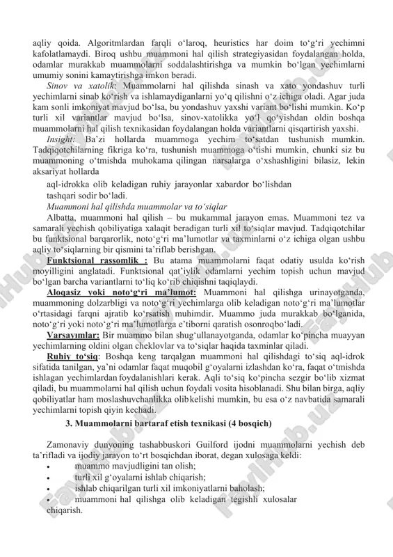 ilanish faqat sizga qarshi holat bo‘ladi. hech narsadan qo‘rqamasdan muammoni hal qilishga qaror qiling. 5. xayolan qaror qilingan yechimni amalga oshiring. ishni haqiqiy hayotda amalga oshirishga nisbatan xayolda sinab ko‘rish kelajakda yo‘l qo‘yilishi mumkin bo‘lgan xato yoki kamchiliklarning oldini olishda muhim rol o‘ynaydi. bir necha daqiqani qilgan qaroringizni o‘ylashga, uning asosida qanday yo‘l tutishingiz va natija qanday bo‘lishi mumkinligini o‘ylashga sarflang. ishoning, bu bosqichdan keyin juda ko‘p narsalar sizga avvalgidan yaxshiroq tushunarli bo‘ladi. 6. qaroringiz va rejangizni maslahatlashing. qanday qarorga kelib, nima ish qilmoqchi bo‘lganingizdan qat’iy nazar kim bilandir fikrlaringizni o‘rtoqlashing. maslahatlashish hech qachon zarar keltirmaydi. albatta, maslahat beruvchi suhbatdoshingizni to‘g‘ri tanlashga ham alohida e’tibor qaratishingiz kerak. suhbatdoshingizning fikrini bilganingizdan so‘ng uning dunyoqarashi asosida tug‘ilgan yangi fikrlaringizni saralab oling va o‘z qaroringizni mustahkamlang. yuqoridagi barcha bosqichlardan o‘tganingizdan so‘ng siz muammoni hal qiluvchi harakatlarni boshlashga to‘liq tayyor bo‘lasiz! unutmang, har qanday muammoni puxta o‘ylangan tadbir bilan hal qilish mumkin. muammolar hayotda …