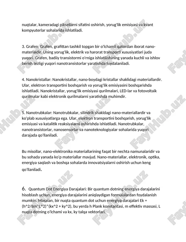 hirish uchun keng qo'llaniladi. 6. quantum dot energiya darajalari: bir quantum dotning energiya darajalarini hisoblash uchun, energiya darajalarini aniqlaydigan formulalardan foydalanish mumkin. masalan, bir nuqta quantum dot uchun energiya darajalari ek = (h^2/8m*l^2)*(kx^2 + ky^2), bu yerda h plank konstantasi, m effektiv massasi, l nuqta dotning o'lchami va kx, ky talqa vektorlari. 7. nanotrubka elektronik ulanish: nanotrubkalardagi elektronik ulanishni hisoblash uchun, nanotrubka elektronik ulanishini bayon etuvchi formulalardan foydalanish mumkin. misol uchun, nanotrubkadagi energetik daraja hisoblash uchun katta esa e = h*v/(2*l), bu yerda h plank konstantasi, v ulanish tezligi va l nanotrubka uzunligi. 8. grafendagi fermi energiasi: grafendagi fermi energiyasini hisoblash uchun, fermi energiyasini ifodalovchi formuladan foydalanish mumkin. misol uchun, fermi energiyasi ef = h*vf*pi/(2*l), bu yerda h plank konstantasi, vf fermi tezligi va l grafen uzunligi. 9. nanosensorning hassasiyatini hisoblash: nanosensorning hassasiyatini hisoblash uchun, hassasiyatni ifodalovchi formulalardan foydalanish mumkin. masalan, nanosensorning hassasiyati s = (deltar/r)/(deltac/c), bu yerda deltar o'zgarish …