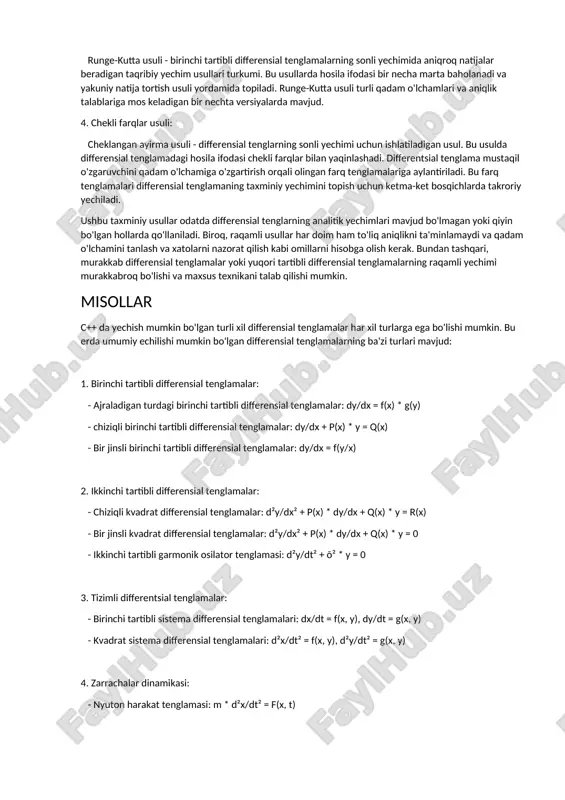 ladi. ular vaqt o'tishi bilan dinamik tizimlar va ularning xatti-harakatlarini modellashtirish va tushunish uchun kuchli vositani taqdim etadi. differensial tenglamalarni yechishning analitik va sonli usullarini ishlab chiqish asrlar davomida matematik tadqiqotlarning asosiy yo‘nalishi bo‘lib kelgan. albatta, birinchi va kvadrat differensial tenglamalar haqida ko'proq ma'lumot berishdan xursand bo'lardim. 1. birinchi tartibli differensial tenglamalar: birinchi tartibli differentsial tenglamalar funksiyaning birinchi hosilasidan tashkil topgan tenglamalardir. umumiy birinchi tartibli teng tenglikni quyidagicha yozish mumkin: dy/dx = f(x, y) bu yerda y(x) funksiya, f(x, y) esa berilgan hosiladir. bu tenglamani funksiyaning qiyaligini aniqlovchi tenglama sifatida qarash mumkin. birinchi tartibli differensial tenglar ko'pincha o'zgaruvchan ajratish, gomogenlash yoki aniq hosilalar kabi usullar bilan echilishi mumkin. 2. ikkinchi tartibli differensial tenglamalar: ikkinchi tartibli differentsial tenglamalar funksiyaning ikkinchi hosilasidan tashkil topgan tenglamalardir. umumiy kvadratik differentsial tengni quyidagicha yozish mumkin: d²y/dx² = f(x, y, dy/dx) bu tenglama funksiyaning egri yoki egri chiziqli harakatini aniqlaydigan tenglamadir. ikkinchi tartibli differensial tenglamalar odatda …