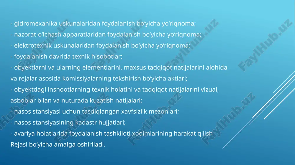 iyalarining o'rtacha 1 soatdagi suv uzatishi,: bunda i-ko'taruv nasos stantsiyasi suvni tanaffussiz uzatib beradi. t- yong'inga qarshi suv zaxirasini tuldirish davomiyligi kmk bo'yicha aniqlanadi. agar yong'inga qarshi suv zaxirasini to'ldirish uchun suv manbai kamlik qilsa, to'ldirish vaqti va rezervuar hajmi kattalashtiriladi. qo'shimcha hajm quydagicha topiladi:  /)1(1  qq bu erda q1 –yong'inga qarshi kerakli bo'lgan suv hajmi -talab qilinayotgan vaqtga nisbatan qabul qilingan vaqt farqi. artezian quduqlardan suv oluvchi i-ko'taruv nasos stantsiyalari maksimal sutkalik sarfda tinmay ishlashga mo'ljallanadi. yong'inga karshi zaxirani to'ldirganda qo'shimcha suv hajmini uzatish uchun to'liq jixozlangan zaxira quduqlar mo'ljallab qo'yiladi. har qanday variantda ham texnik iqtisodiy asoslanma zarur buladi. slide 1 slide 2 slide 3 slide 4 slide 5 slide 6 slide 7 slide 8 slide 9 slide 10 slide 11 slide 12 slide 13 slide 14 slide 15 slide 16 slide 17 slide 18 slide 19 slide 20