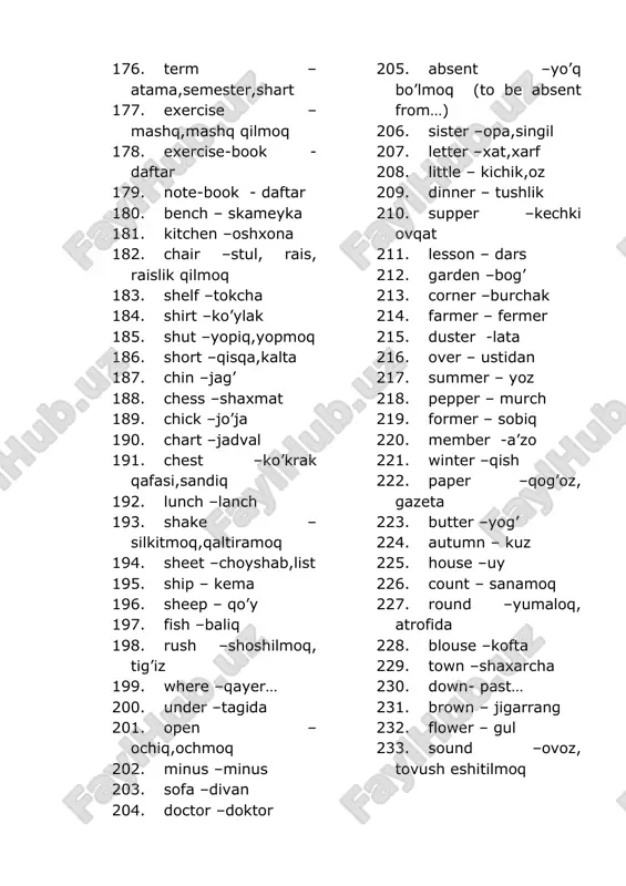 ormoq 275. seat – o’rindiq 276. leave – tark etmoq 277. tea – choy 278. which –qaysi 279. whose – kimning 280. week – xafta 281. well –quduq, yaxshi 282. win –g’alaba qilmmoq, yutmoq 283. grow – o’s(tir)moq 284. snow – qor 285. slow – sekin 286. blow – esmoq, puflamoq 287. ball –koptok 288. all –barcha, hamma 289. tall –baland 290. small –kichik 291. wall –devor 292. call –tel qilmoq,chaqirmoq 293. hall – zal, koridor 294. fall –yiqilmoq,kuz 295. stall – peshtaxta 296. watch – soat,kuzatmoq,ko’rmoq 297. wash – yuvmoq 298. wardrobe – kiyim shkafi 299. water – suv,sug’ormoq 300. wasp – ari 301. war –urush 302. warn – ogohlantirmoq 303. warm –iliq, isitmmoq 304. floor –pol,qavat 305. sweet – shirin 306. eight –sakkiz 307. they –ular 308. grey –kul rang 309. play - o’yin, o’ynamoq, pyessa 310. say – aytmoq 311. right – o’ng,to’g’ri,xaq-xuquq 312. friend – do’st …