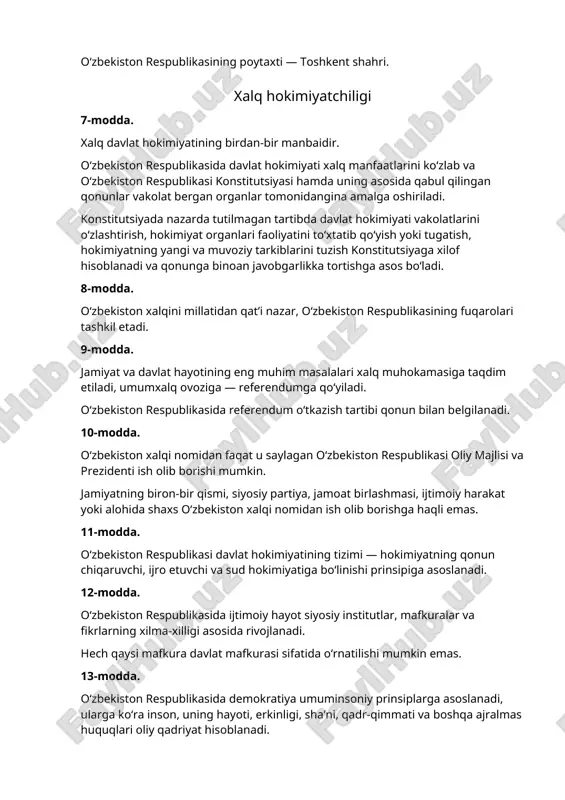 alarga zarar yetkazadigan tarzda talqin etilishi mumkin emas. o‘zbekiston respublikasining qonunlari va boshqa normativ-huquqiy hujjatlari o‘zbekiston respublikasining konstitutsiyasi asosida va uni ijro etish yuzasidan qabul qilinadi. birorta qonun yoki boshqa normativ-huquqiy hujjat konstitutsiyaning prinsip va normalariga zid bo‘lishi mumkin emas. inson va fuqaroning asosiy huquqlari, erkinliklari va burchlari umumiy qoidalar 19-modda o‘zbekiston respublikasida insonning huquq va erkinliklari xalqaro huquqning umume’tirof etilgan normalariga binoan hamda ushbu konstitutsiyaga muvofiq e’tirof etiladi va kafolatlanadi. inson huquq va erkinliklari har kimga tug‘ilganidan boshlab tegishli bo‘ladi. o‘zbekiston respublikasida barcha fuqarolar bir xil huquq va erkinliklarga ega bo‘lib, jinsi, irqi, millati, tili, dini, e’tiqodi, ijtimoiy kelib chiqishi, ijtimoiy mavqeyidan qat’i nazar, qonun oldida tengdirlar. imtiyozlar faqat qonunga muvofiq belgilanadi va ijtimoiy adolat prinsiplariga mos bo‘lishi shart. 20-modda o‘zbekiston respublikasi fuqarosi va davlat bir-biriga nisbatan o‘zaro huquq va majburiyatlar bilan bog‘liqdir. insonning konstitutsiya va qonunlarda mustahkamlab qo‘yilgan huquq va erkinliklari daxlsizdir hamda ulardan sud qarorisiz mahrum etishga …