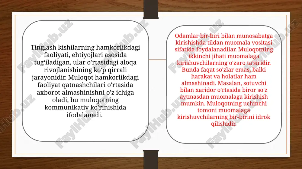 di masalan interaktiv mashqlardan multimedia resurslarigacha. tinglash qobiliyati eng yaxshi o'rganishi mumkin bo'lgan qobilyat sanaladi. chunki o'rganishga birozgina ko'proq e'tibor qaratilsa u oddiy va qiziqarli tadbirlar orqali yaxshilandi va yakunida yaxshi natijalarga olib keladi. bu holatda siz kichik yoki katta talabalar guruhlari bilan ishlashingiz muhim emas, siz o'zingizni rivojlantirish uchun quyidagi usullardan birini qo'llasangiz bas. eʼtiboringiz uchun rahmat !!!!!!!!!!!! image7.jpeg image8.jpeg image9.jpeg image10.png image11.jpeg image12.jpeg image13.jpeg image14.jpeg image15.jpeg image16.jpeg image17.jpeg image3.png image4.png print business group discussing work in meeting