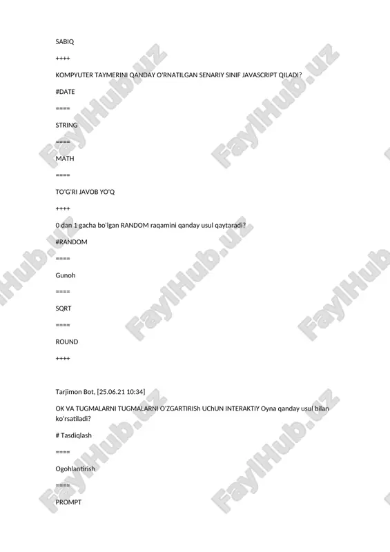 qlash uchun ==== ob'ektni belgilangan nuqtada oqishini to'xtatish va keyin ob'ektning orqasida bo'sh maydonda matnni davom ettirish ==== buyurtma qilingan ro'yxatni yaratish uchun ++++ matni nima nima bo'ladi? # matn davom etadi, chunki faqat chap va to'g'ri marjinlar bo'sh bo'ladi ==== matn yaqinda bo'lgan to'g'ri marjindan boshlanib davom etadi ==== tarjimon bot, [25.06.21 10:34] keyingi matnni kiriting: tarjimon bot, [25.06.21 10:34] matn yaqinda bo'lgan chap qo'llangan margindan davom etadi ==== to'g'ri javob ++++ matnni qo'shimcha iqtiboslar bilan yopish uchun qanday yorliqdan foydalaniladi? # ... ==== ... ==== ... ==== ... ++++ yorlig'i nima uchun # raqamsiz ro'yxat ==== raqamli alfabetli ==== hujayra jadvali ==== raqamli ro'yxat ++++ matn nimani anglatadi? #tag, xuddi shu tipning davomli markerlarini buzilgan birinchi daraja ro'yxatlaridagi kabi yaratadi ==== tag yangi yo'nalarning markerlarini yaratadi ==== tag uchun kvadra markerlarini yaratadi ==== tag tarmoqda 1., 2., 3., 4. va boshqalar raqamlari bilan ro'yxat tuzadi ++++ matni tegining …