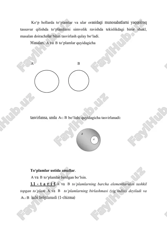 (birlashmaning kommutativligi) 1.2.3. agar bo‘lsa, u holda bo‘ladi. 1.2.4. (birlashmaning assotsiativligi). 1.2 - t a ‘ r i f. va to‘plamlarning umumiy elementlaridan tashkil topgan to‘plam va to‘plarning kesishmasi (ko‘paytmasi) deyiladi va kabi belgilanadi (2-chizma). 2-chizma   i  a a )( ia  i0 0 aa a a a  a b b a   a b a b b     a b c a b c     a b a b a b a b masalan, bo‘lsa, bo‘ladi. yuqoridagi va to‘plamlar uchun bo‘ladi. ikki to‘plam kesishmasi bo‘sh to‘plam bo‘lsa, bu to‘plamlar kesishmaydigan (diz’yunkt)to‘plamlar deyiladi. masalan, yuqoridagi va c hamda va to‘plamlar diz’yunkt to‘plamlarga misol bo‘ladi. aytaylik to‘plamlar berilgan bo‘lsin. bu to‘plamlarning kesishmasi yuqoridagiga o‘xshash ta’riflanadi. quyidagi xossalar o‘rinli: 1.2.5. (kesishmaning idempotentligi) 1.2.6. (kesishmaning kommutativligi) 1.2.7. agar bo‘lsa, u holda bo‘ladi. 1.2.8. (kesishmaning assotsiativligi) 1.2.9. (birlashmaning kesishmaga nisbatan distributivligi) 1.2.10. kesishmaning …