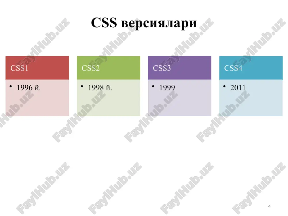 psevdo-elementlar selektori ::first-line psevdo-elementi: ::first-line bilan quyidagi css xususiyatlarni o'rnatish mumkin: 26 font xususiyatlari rang xususiyatlari so'z oraliqlari harf oraliqlari orqa fon xususiyatlari vertikal tekislanish text-decoration text-transform line-height clear psevdo-elementlar selektori ::selection psevdo-elementi: ::selection{ css qoidalar; } ::-moz-selection { /* code for firefox */ color: red; background: aqua; } ::selection { color: red; background: aqua; } select some text on this page: this is a paragraph. this is some text in a div element. 27 psevdo-sinflar selektori psevdo-elementlar selektorlaridan html elementning maxsus holatlarida stil berishda foydalaniladi: foydalanuvchi sichqoncha tugmasini element ustiga olib kelganda stil berish; tashrif buyurilgan va tashrif buyurilmagan har xil havolalarga stil berish; html elementning fokus holatida stil berish. selector:pseudo-class { property:value; } 28 psevdo-sinflar selektori selektor nomi misol :active a:active :link a:link :hover a:hover :visited a:visited :checked input:checked :disabled input:disabled :empty p:empty :enabled input:enabled :first-child p:first-child :first-of-type p:first-of-type :focus input:focus :in-range input:in-range :invalid input:invalid :lang(language) p:lang(it) :last-child …