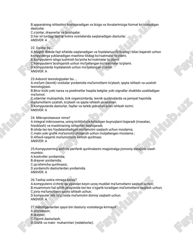 -raqamlima'lumotlarnikiritishqurilmasi. ansver:a 25.kompyuterningalohidaperiferikqurilmalarinimagistralgajismoniydarajadaulash mumkin: a.kontrolleryordamida; b.drayveryordamida; c.qo'shimchaqurilmasiz; d.yordamchidasturlardanyordamida. ansver:a 26.tashqixotiranimagakerak? a.kompyuternio'chiribqo'ygandankeyinuzoqmuddatma'lumotlarnisaqlashuchun; b.muammonihalqilishjarayonidatez-tezo'zgaribturadiganma'lumotlarnisaqlashuchun; c.joriyma'lumotlarniqaytaishlashuchun; d.kompyuterishito'g'risidama'lumotnidoimiysaqlashuchun. ansver:a 27.keltirilganlardanqaysibiridasturiyvositalargakirmaydi a.protsessor; b.drayver; c.tizimlidasturlash; d.grafikvamatnmuharrirlari(redaktorlar). ansver:a 28.fayldeb a.ehm lardagiyokidisklardagioznomigaegamaydon; b.masalalarniyechishuchunmalumotlartoplami; c.misollarniishlashuchundasturiytillardaishlabchiqilgandastur; d.togrijavobyoq. ansver:a 29.komputerbu a.malumotlarbilanishlashgamoljallangankopfunktsiyalielektronqurilma; b.sonlarniqaytaishlashuchunmoljallanganelectronhisoblashqurilmasi; c.turlimalumotlarnisaqlashucunmoljallanganqurilma; d.matnlarbilanishlaydiganqurilma. ansver:a 30.komputertarkibidagiqaysiqurilmamalumotlarniqaytaishlashuchunhizmatqiladi? a.protsessor; b.monipulyatorsichqoncha; c.klaviatura; d.tezkorhotira. ansver:a 31.kompyuterningishlashtezligiquyidagigabogliq: a.protsessorningtaktchastotasiga; b.printerulanganyokiulanmaganligiga; c.tashqixotiraqurilmasininghajmiga; d.qaytaishlanayotganmalumothajmiga. ansver:a 32.protsessorningtaktchastotasibu a.birsekunddabajariladiganamallarsoni; b.protsessorningmalumotlarbuferigamurojaati; c.protsessorningbirvaqtdavomidatezkorhotiragamurojaatlarisoni; d.protsessorvadoimiyhotiraortasidagimalumotlaralmashinuvitezligi. ansver:a 33.tezkorxotirahajmiquyidaginianiqlaydi: a.qattiqdiskkamurojaatqilmasdanqanchamalumotniqaytaishlashmumkinligini; b.qanchamalumotninashrgachiqarishmumkinligini; c.qattiqdiskdaqanchamalumotsaqlanishimumkinligini; d.tashqixotiradaqanchamalumotsaqlanishimumkinligini. ansver