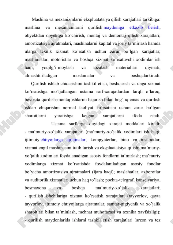 i yig’ish va ularni xizmat safariga yuborish, taqdimotlar o’tkazish va buyurtmachilar tomonidan qoplanadigan boshqa xarajatlar). smeta foydasi - qurilish tashkilotining alohida (umumiy) xarajatlarini qoplash uchun zarur bo’lgan va ishlar tannarxiga qo’shiladigan mablag’lar summasi. smeta foydasiga daromad solig’ini to’lash xarajatlari, ishlab chiqarishni rivojlantirish, ishchilarni moddiy rag’batlantirish va ijtimoiy sohani rivojlantirish xarajatlari kiradi. uskuna, moslama, instrument va ishlab chiqarish inventarlarini xarid qilish xarajatlariga: loyihada ko’zda tutilgan montaj qilinadigan va montaj qilinmaydigan (transport vositalari, avtomashinalar, traktorlar, elektrovozlar, vagonlar va boshqalar) texnologik, ko’tarma-transport, energetik va boshqa uskunalarni xarid qilish, idishga solish, o’rash, qadoqlash va qurilish maydoniga yetkazib berish xarajatlari; qurilayotgan obyektlarni ekspluatatsiya qilish ularsiz mumkin bo’lmagan moslama va inventarlarni xarid qilish yoki ularni tayyorlash xarajatlari kiradi. qurilish smeta qiymatiga kiruvchi boshqa kapital sarflar tarkibiga: loyiha qidiruv ishlarini amalga oshirish xarajatlari; maydonini o’zlashtirish xarajatlari (qurilish maydonini tartibga keltirish, qurilish https://genderi.org/gaznachilikda-moliyaviy-majburiyatlarni-royxatga-olish-va-tolo.html https://genderi.org/name-of-presentation-v11.html https://genderi.org/ixtirochilik-ratsionalizatorlik-ilmiy-texnik-va-patent-axborot.html munosabati bilan ko’chirish va boshqalar); korxona uchun kadrlarni tayyorlash xarajatlari; ishchilarga turli kompensatsiya …
