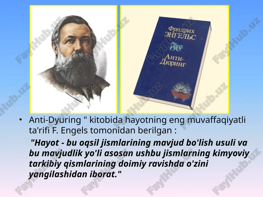 a ham paydo bo'lishi mumkin. boshqacha qilib aytganda, biologik evolyutsiyadan oldin kimyoviy evolyutsiya sodir bo'lgan. ammo bu qanday sodir bo'ldi va qanday omillar ta'siri ostida? er dastlab sovuq edi, lekin keyinchalik uning tarkibidagi radioaktiv elementlarning parchalanishi tufayli u isinishni boshladi (chuqurliklarda harorat 1000 ° c va undan yuqori darajaga yetdi ). yerning moddalari uning rivojlanishining ushbu bosqichida bir-biri bilan kimyoviy reaktsiyalarga kirishdi. reaktsiya mahsulotlari orasida ko'plab gazlar mavjud edi. katta bosim ostida ular yer yuzasiga yorilib chiqdi, buning natijasida uning asosiy atmosferasi paydo bo'ldi. yer yuzasida harorat 100°c dan pastga tushganidan so‘ng yomg‘ir davri boshlandi, natijada dengiz va okeanlar paydo bo‘ldi . ammiak , karbonat angidrid, metan, shuningdek, er yuza qatlamlaridan yuvilgan tuzlar va boshqa moddalar issiq yomg'ir suvida erigan . co2 nh 3 c h 4 erda hayotning paydo bo'lishidagi birinchi qadam organik molekulalarning noorganiklardan biologik bo'lmagan (abiogen) sintezi edi. amerikalik olim s.miller va rus olimlari a.g.pasinskiy va t.e.pavlovskaya …