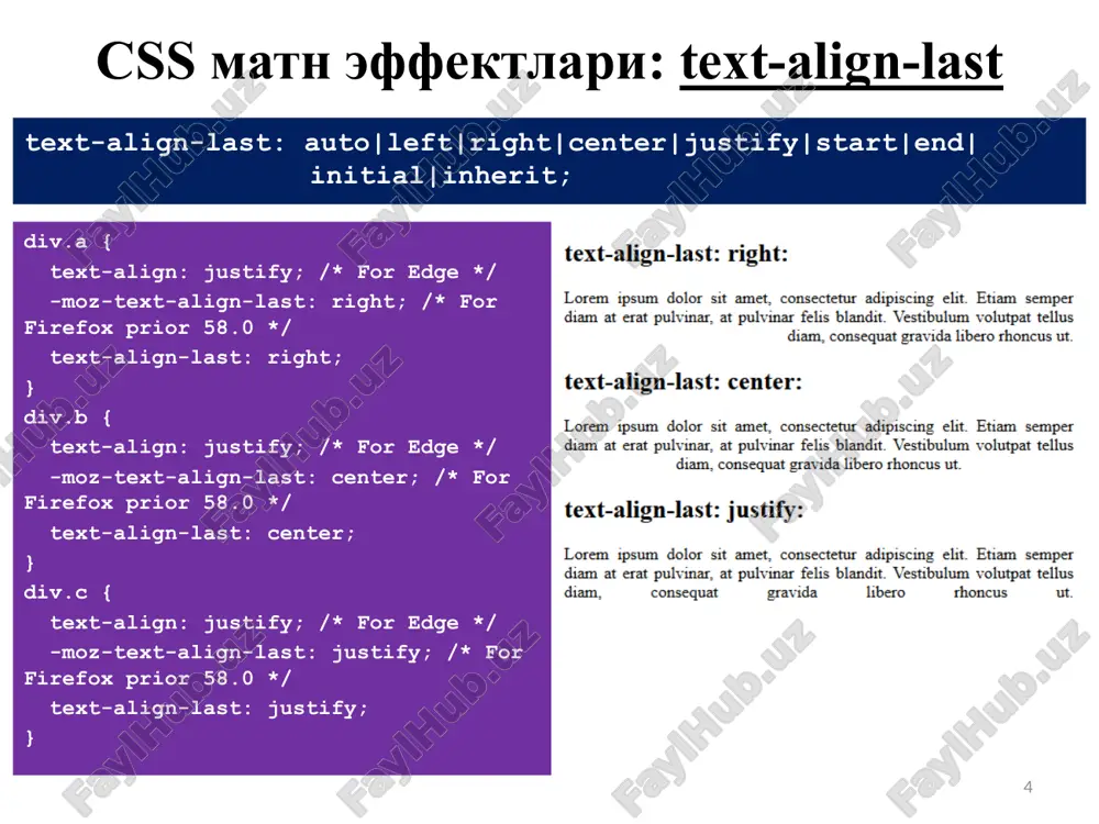 ckground-color: yellow; border: 1px solid black; } div#mydiv { -ms-transform: rotate(20deg); /* ie 9 */ -webkit-transform: rotate(20deg); /* safari prior 9.0 */ transform: rotate(20deg); /* standard syntax */ } css da 2 o'lchovli transformatsiya: skewx(angle), skewy(angle) 18 div { width: 300px; height: 100px; background-color: yellow; border: 1px solid black; } div#mydiv { -ms-transform: skewx(20deg); /* ie 9 */ -webkit-transform: skewx(20deg); /* safari prior 9.0 */ transform: skewx(20deg); /* standard syntax */ } div#mydiv2 { -ms-transform: skewy(20deg); /* ie 9 */ -webkit-transform: skewy(20deg); /* safari prior 9.0 */ transform: skewy(20deg); /* standard syntax */ } css da 3 o'lchovli transformatsiya 19 xususiyat izoh transform elementga ikki va uch o'lchovli transformatsiyani qo'llaydi. transform-origin transformatsiya qilinayotgan elementlar holatini o'zgartirish imkoniyatini beradi transform-style ichma-ich elementlarning 3 o'lchovli fazoda qanday ko'rsatilishini belgilaydi perspective 3 o'lchovli elementlarning aksonometrik ko'rinishini belgilaydi. perspective-origin 3 o'lchovli elementlarning pastki joylashuvini (pozitsiyasini) belgilaydi. backface-visibility ekranga qarama-qarshi bo'lganda element ko'rinishi yoki ko'rinmasligini …