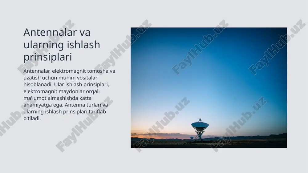 li antennalar va ularning ishlatilishi, elektromagnit to'lash prinsiplari, kommunikatsiya tizimlari, va ularning ahamiyati haqida tushuncha berildi. 2 kommunikatsiya tarmoqlarining rivojlanishi anten qurilmalarining 5g kommunikatsiya tizimlariga ta'siri va uy-televideniya, sputnik kommunikatsiya tizimlari orqali kommunikatsiya tarmoqlarining o'zaro munosabati ko'rsatildi. 3 xulosa va keyingi bosqich antenlar va kommunikatsiya tizimlari orasidagi bog'liqlik, asosiy maqsadlar va muhimlik, va keyingi o'rganish bosqichlari haqida ma'lumot berildi. e'tiboringiz uchun rahmat! image1.jpg image2.jpg /docprops/thumbnail.jpeg