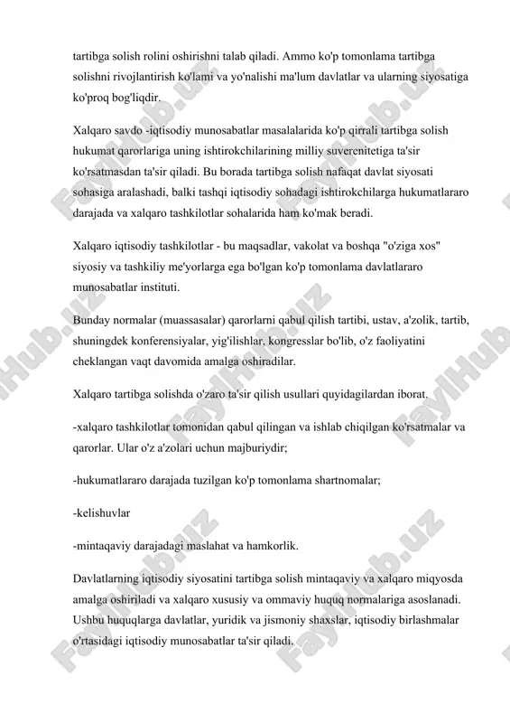 shlarida faollik koʻrsatadilar. masalan sanoati rivojlangan mamlakatlarning axborot texnologiyalari savdosida, xalqaro valyutakredit va moliyaviy institutlar faoliyatida yuqori mavqe bilan ishtiroki kuzatiladi. rivojlanayotgan mamlakatlar xalqaro iqtisodiy hamkorlikning ishchi migratsiyasi, kapital kiritish, investitsiyaviy tovarlar importi yoʻnalishlariga ustuvorlik beradilar. oʻzbekistonda mustaqillik yillarida jahon xoʻjaligiga chuqurroq integratsiyalashish maqsadida xalqaro iqtisodiy hamkorlikh. bir necha yoʻnalishlarida rivojlantirilmoqda. tashqi savdo tarkibini takomillashtirish, xorijiy investitsiyalarni jalb etish, xalqaro iqtisodiy tashkilotlar faoliyatida qatnashish, mintaqaviy iqtisodiy birlashmalar bilan hamkorlik qilish shular jumlasidandir. keyingi yillarda oʻzbekiston ishchi kuchini eksport qilish borasida ham xorij mamlakatlari bilan yaqindan hamkorlik qilmoqda. xalqaro tashkilotlar - davlatlarning yoki hukumat qaramogʻida boʻlmagan milliy jamiyat (assotsiatsiya)larning siyosiy, iqtisodiy, ijtimoiy, fantexnika, madaniyat va h.k. sohalarda umumiy maqsadlarga erishish uchun tuzilgan uyushmasi; davlatlar oʻrtasidagi koʻp tomonlama hamkorlikning eng muhim shakllaridan biri. xalqaro tashkilotlar 19-asrda vujudga keldi va 2 jahon urushidan keyin koʻplab tuzila boshladi. hozirgi kunda xalqaro tashkilotlarning soni 4 mingdan ortiq boʻlib, 300 tasi hukumatlararo tashkilotdir. xalqaro tashkilotlar oʻziga …